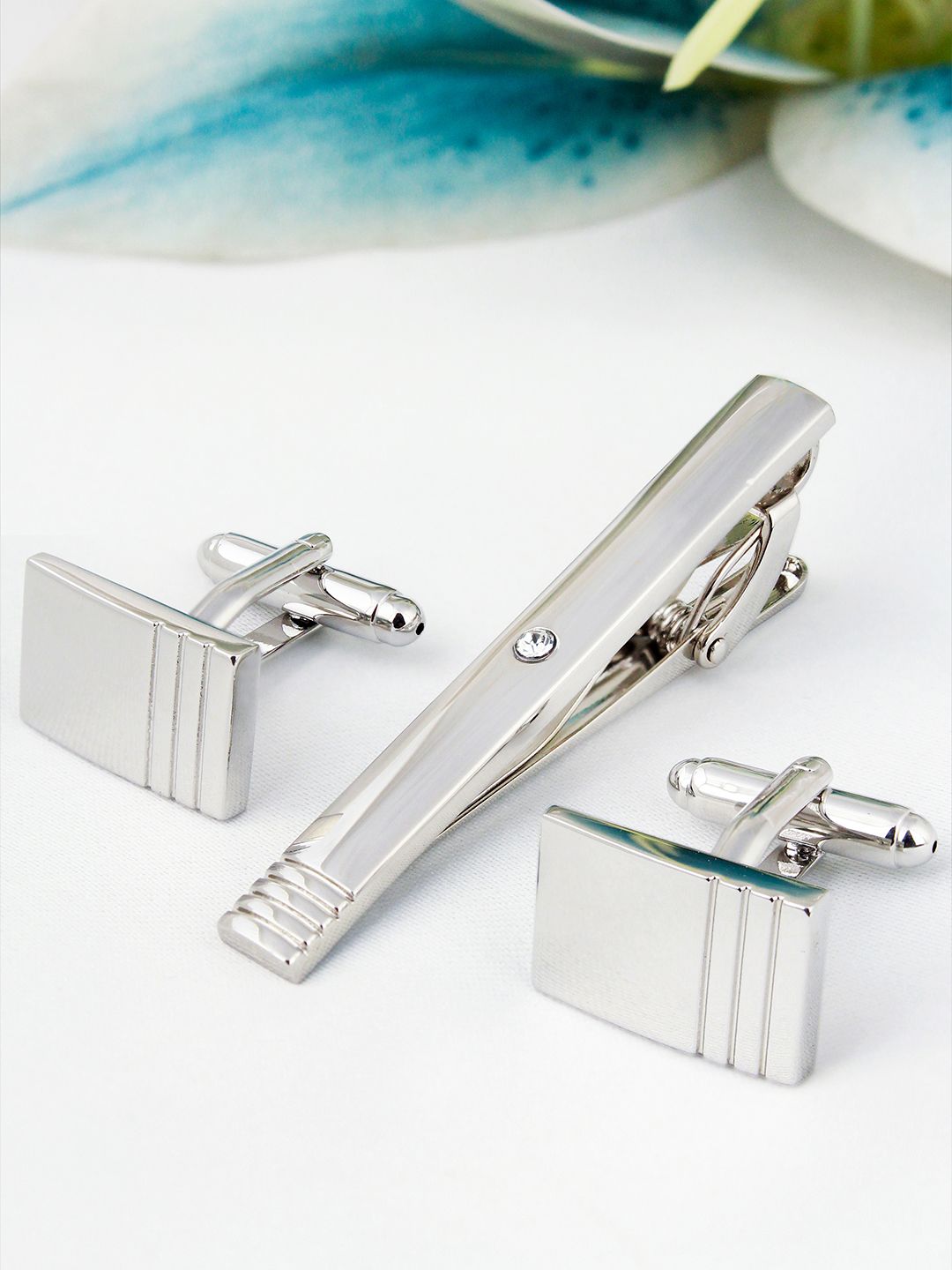 PELUCHE Men Silver-Toned Rhodium Plated Tie-Pin and Cufflink Set-picture-22
