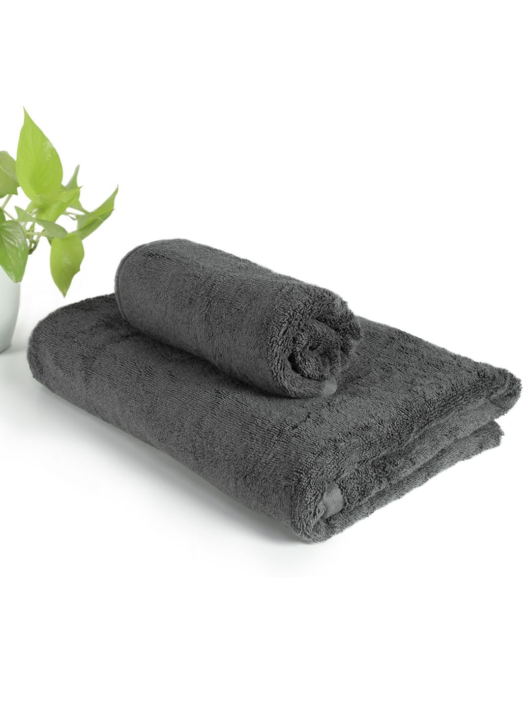 Heelium Set of 2 Grey Solid 600GSM Quick Absorbent Bamboo Cotton Hand & Bath Towels-picture-23