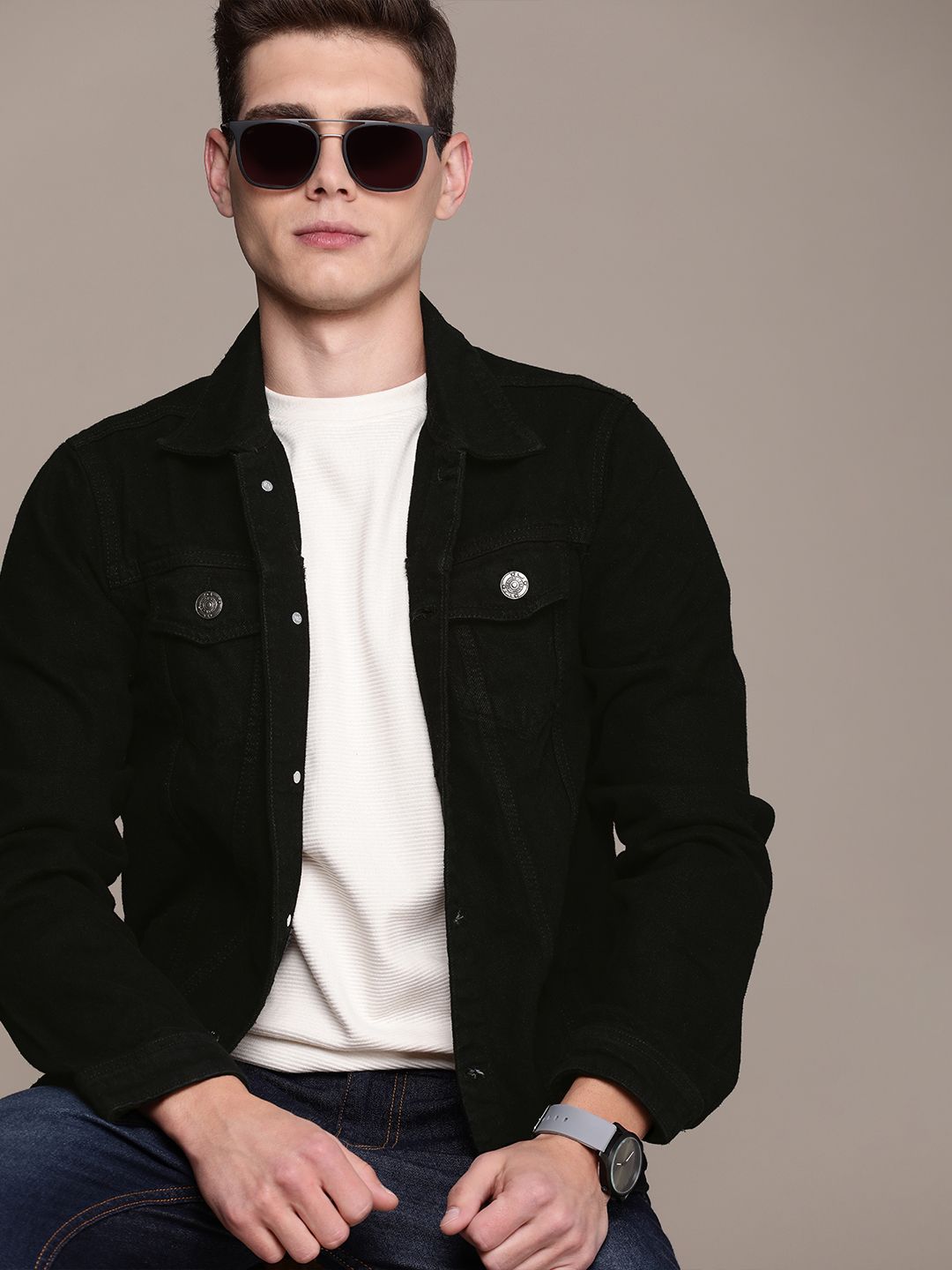 High Star Men Black Solid Denim Jacket