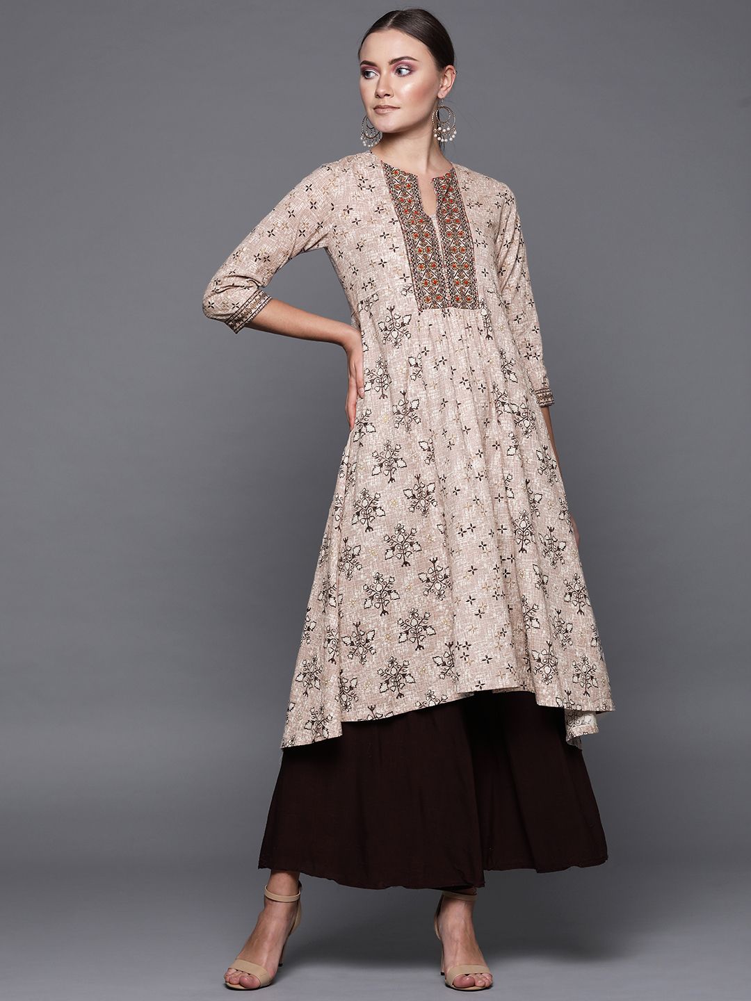 Biba Women Beige & Coffee Brown Printed Anarkali Kurta-picture-41