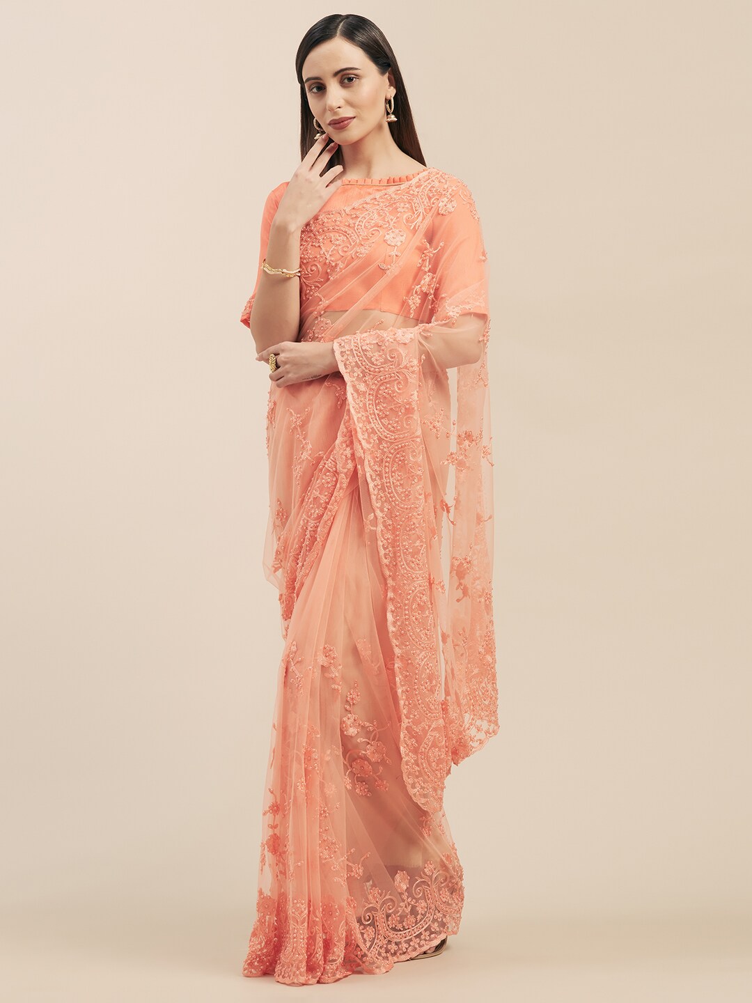 Mitera Peach-Coloured Embroidered Net Saree