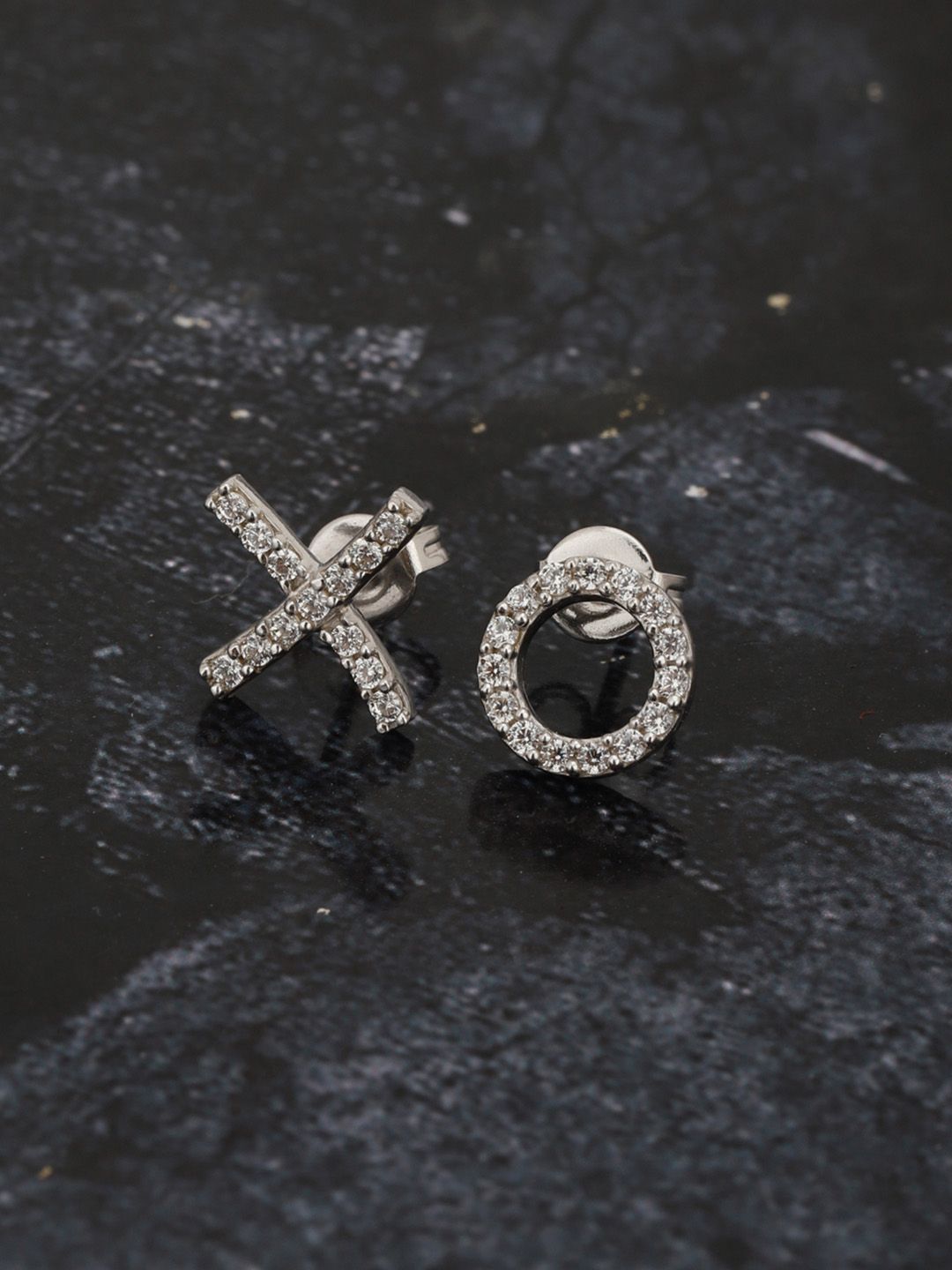 Carlton London Silver-Toned Rhodium-Plated Quirky Mismatch CZ-Studs-picture-35