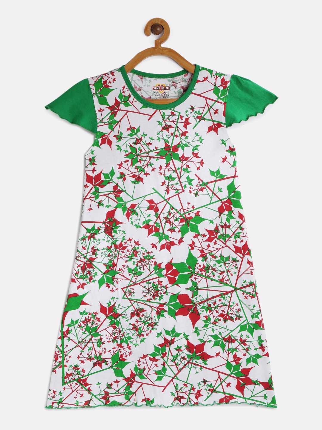 SINI MINI Girls Off-White & Green Printed Nightdress-image-32