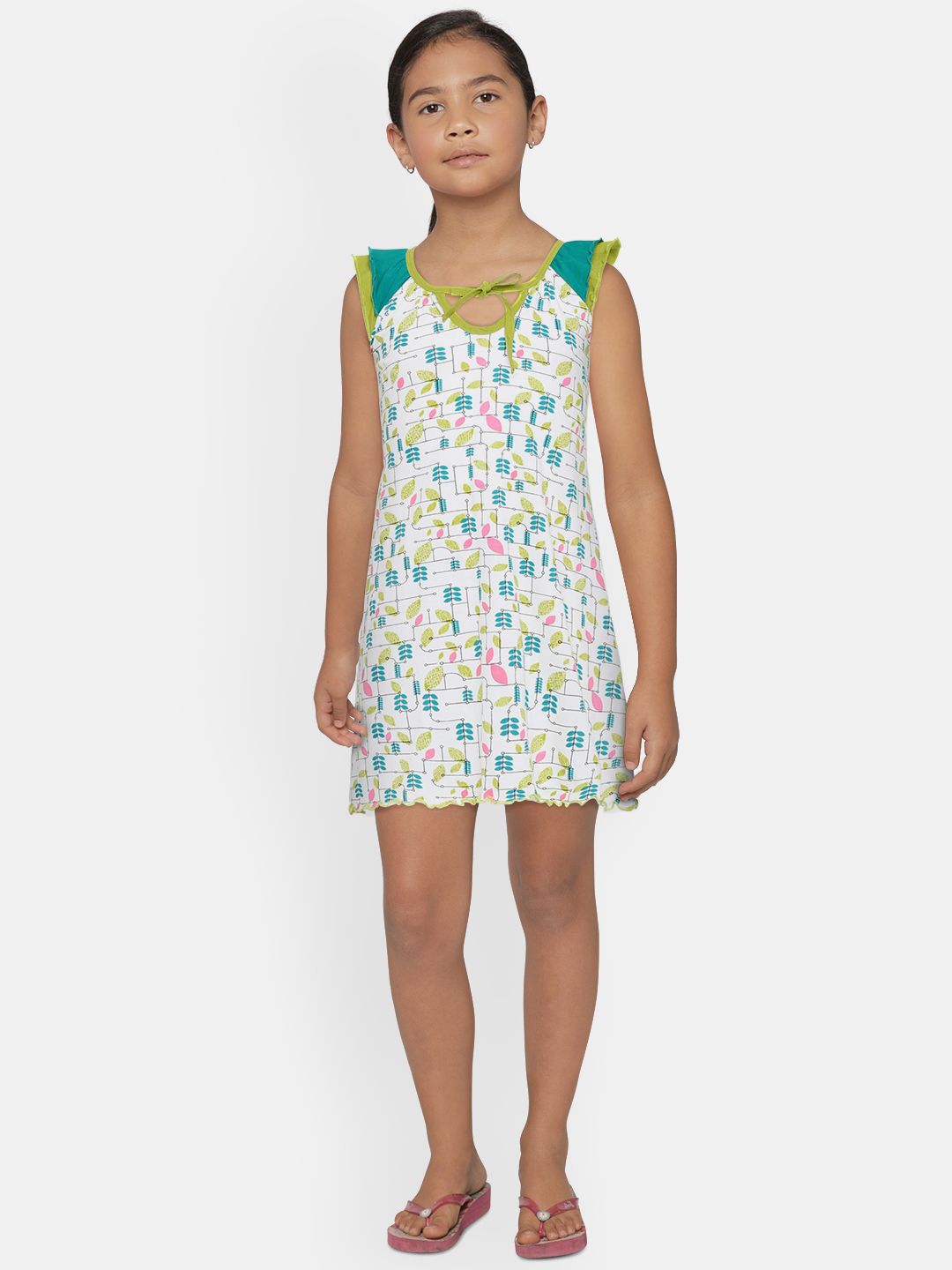SINI MINI Girls White & Green Printed Nightdress-image-12