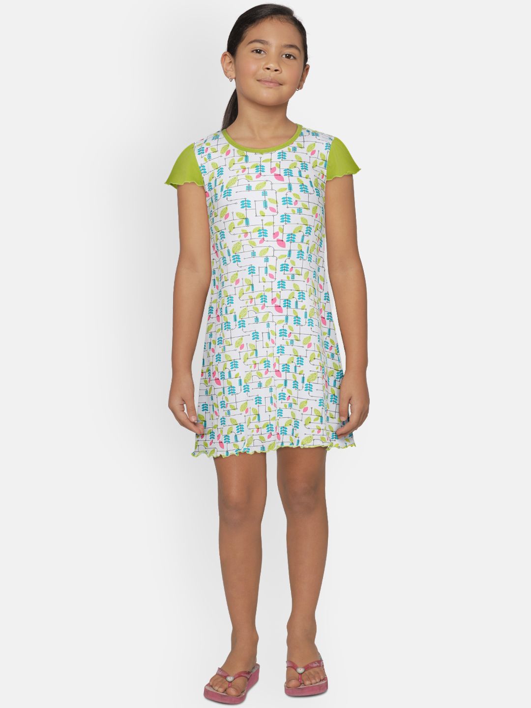 SINI MINI Girls White & Lime Green Printed Nightdress-image-9