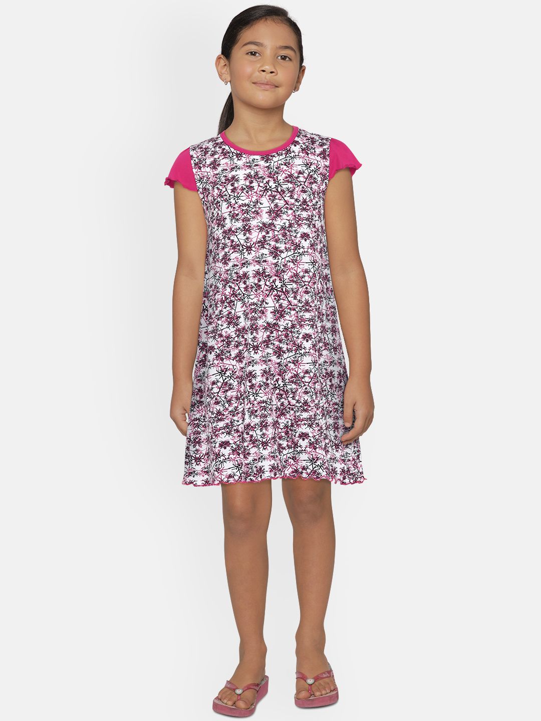 SINI MINI Girls White & Pink Printed Nightdress-image-15