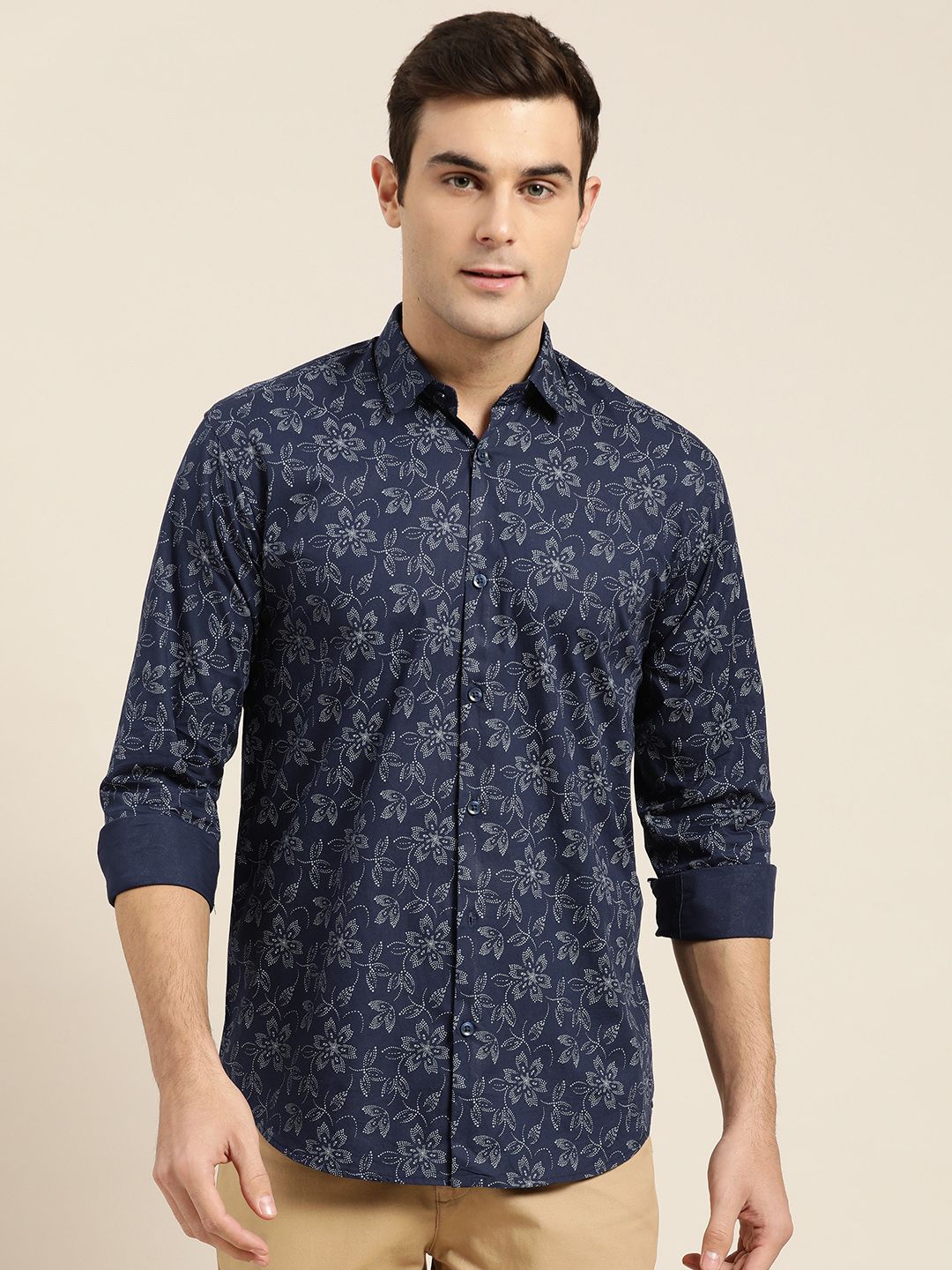SOJANYA Men Navy Blue & Grey Classic Regular Fit Printed Casual Shirt-picture-19