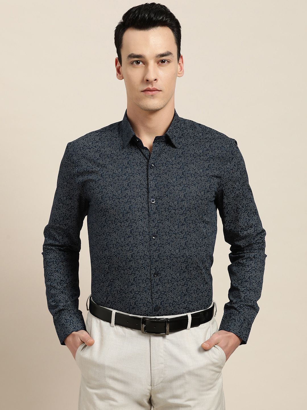 SOJANYA Men Navy Blue & White Classic Regular Fit Printed Formal Shirt-picture-17