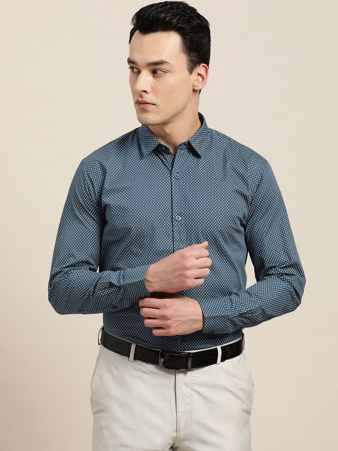 SOJANYA Men Navy Blue & Off-White Regular Fit Printed Formal Shirt-picture-15