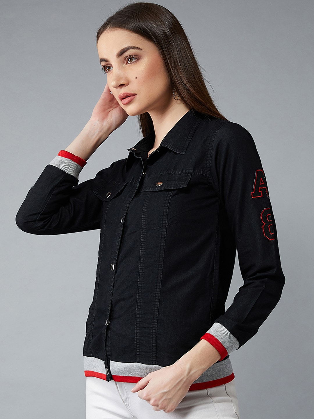DOLCE CRUDO Women Black Solid Denim Jacket