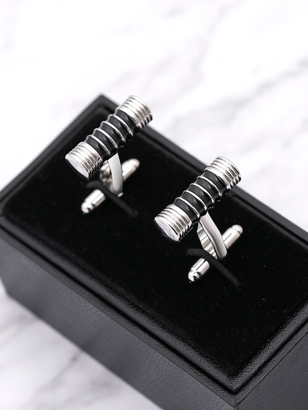 Peora Men Black & Silver-Toned Striped Cylinder Cufflinks-picture-47
