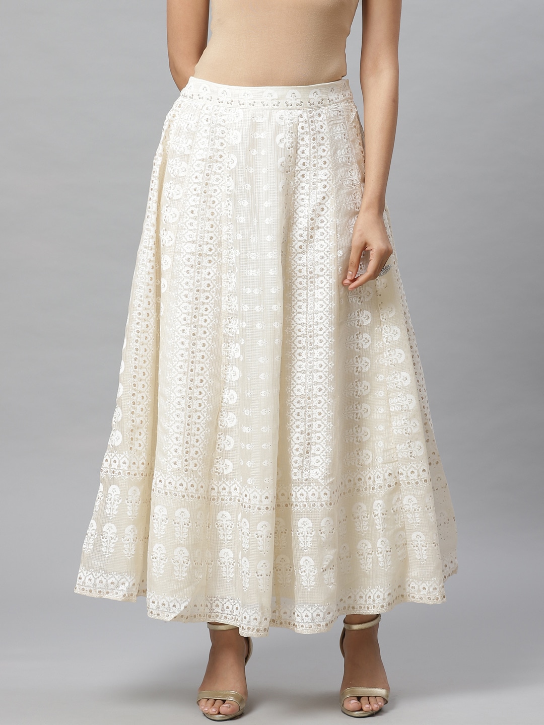 W Women Off-White & Golden Printed Flared Maxi Skirt