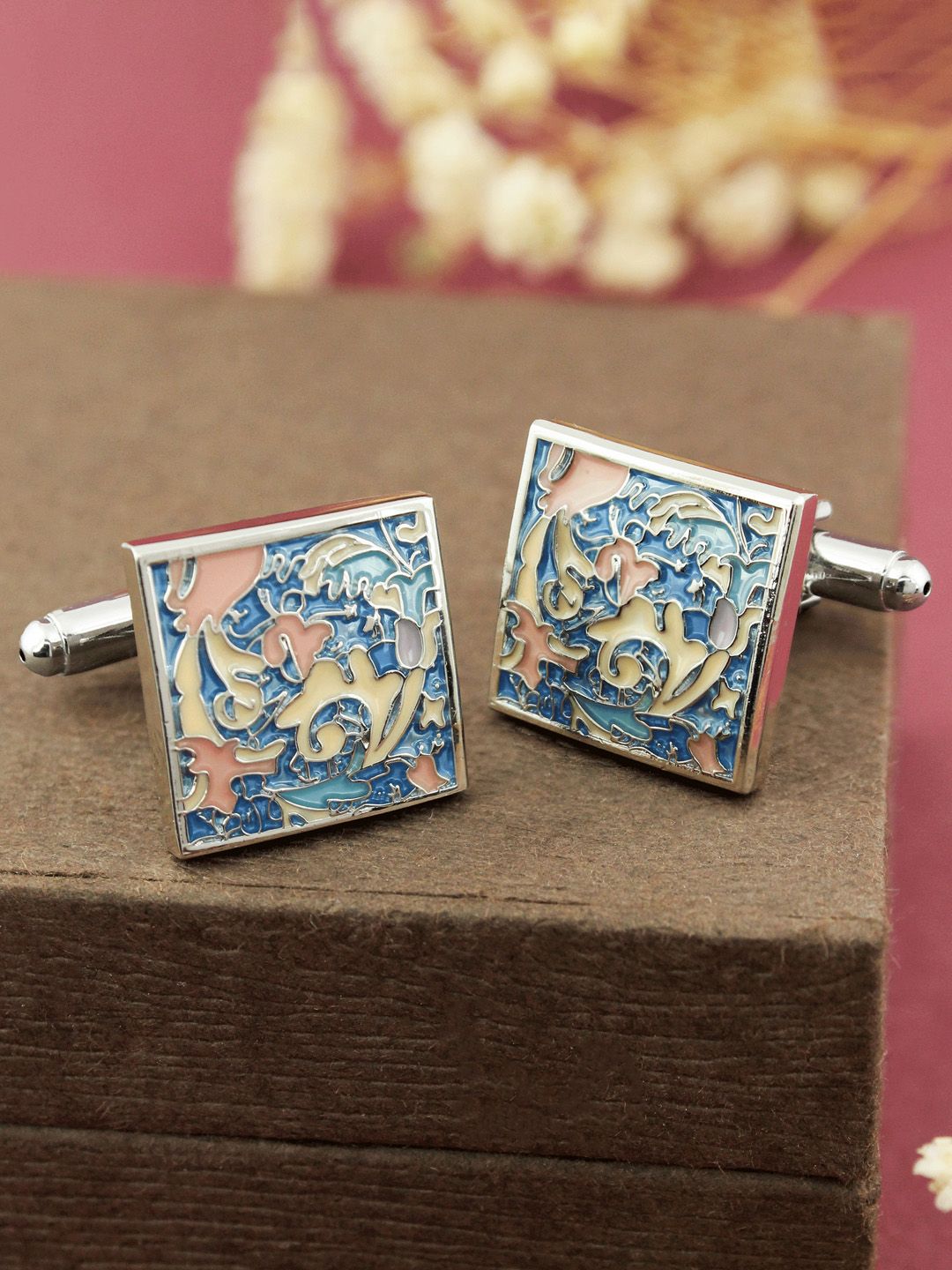 PELUCHE Blue & Pink Rhodium-Plated Enamelled Square Cufflinks-picture-20