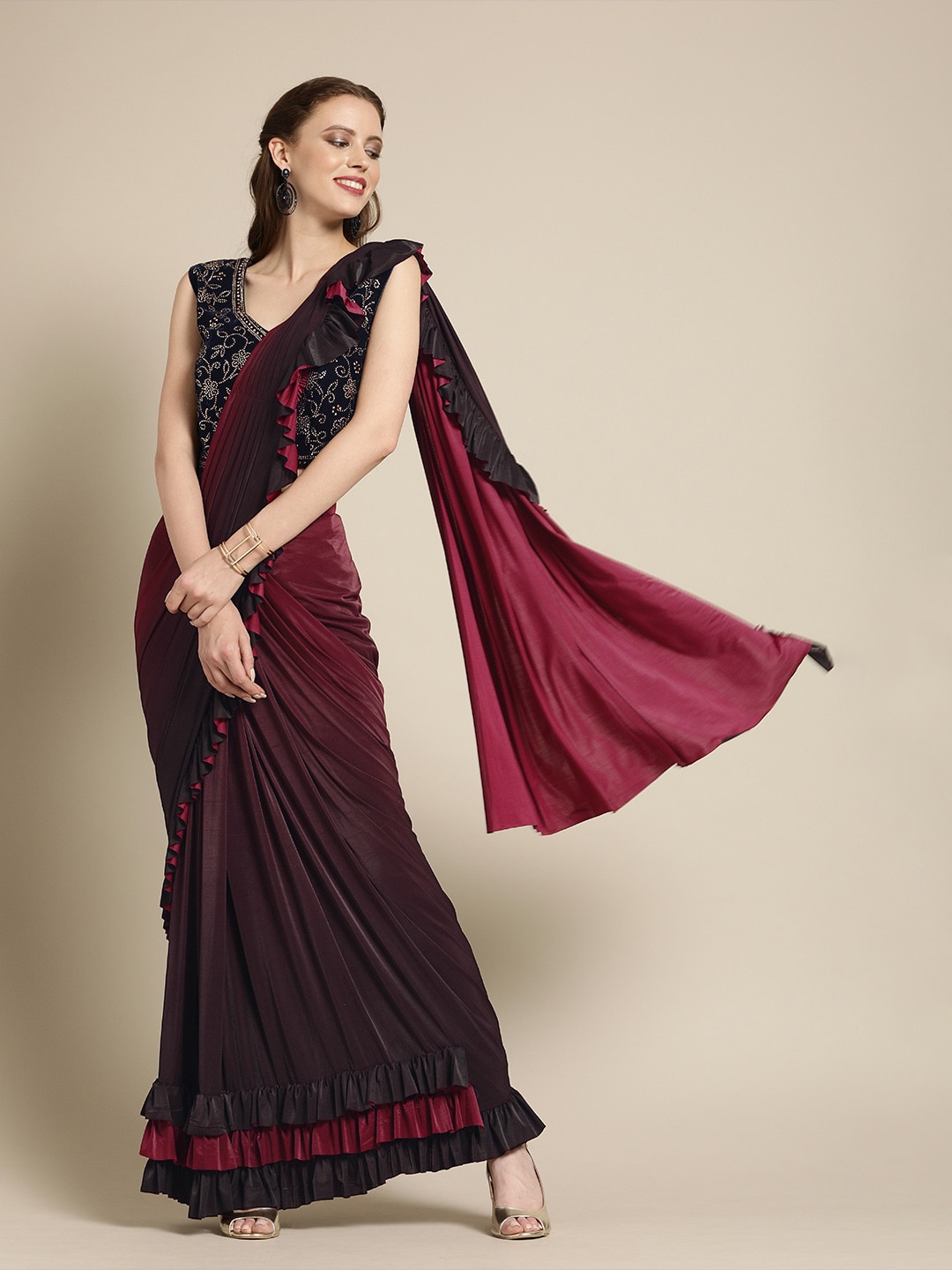 Chhabra 555 Burgundy & Red Ready To Wear One Minute Poly Georgette Ombre Saree