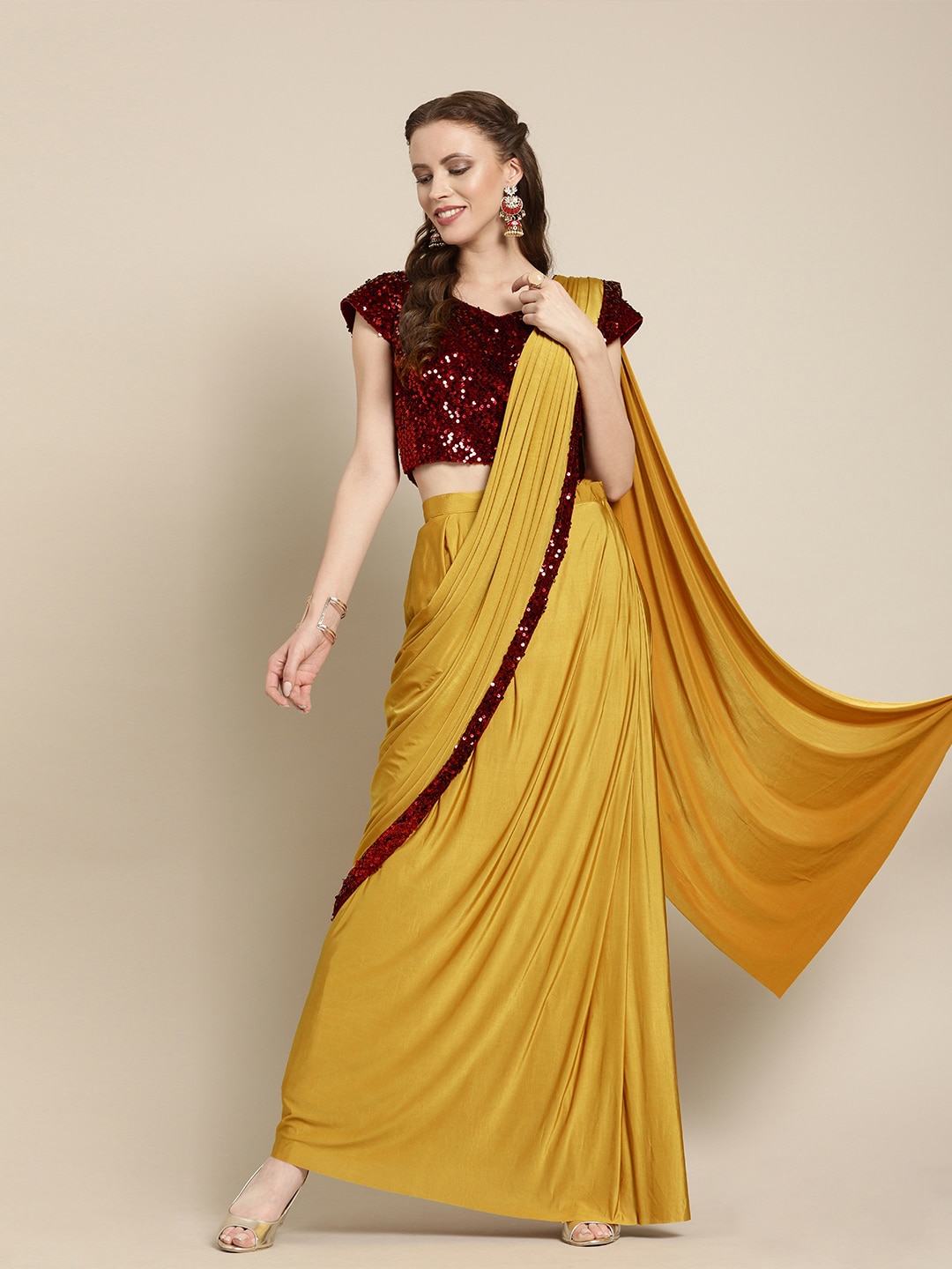 Chhabra 555 Mustard Yellow Solid Ready to Wear Poly Georgette Saree with Stitched Blouse