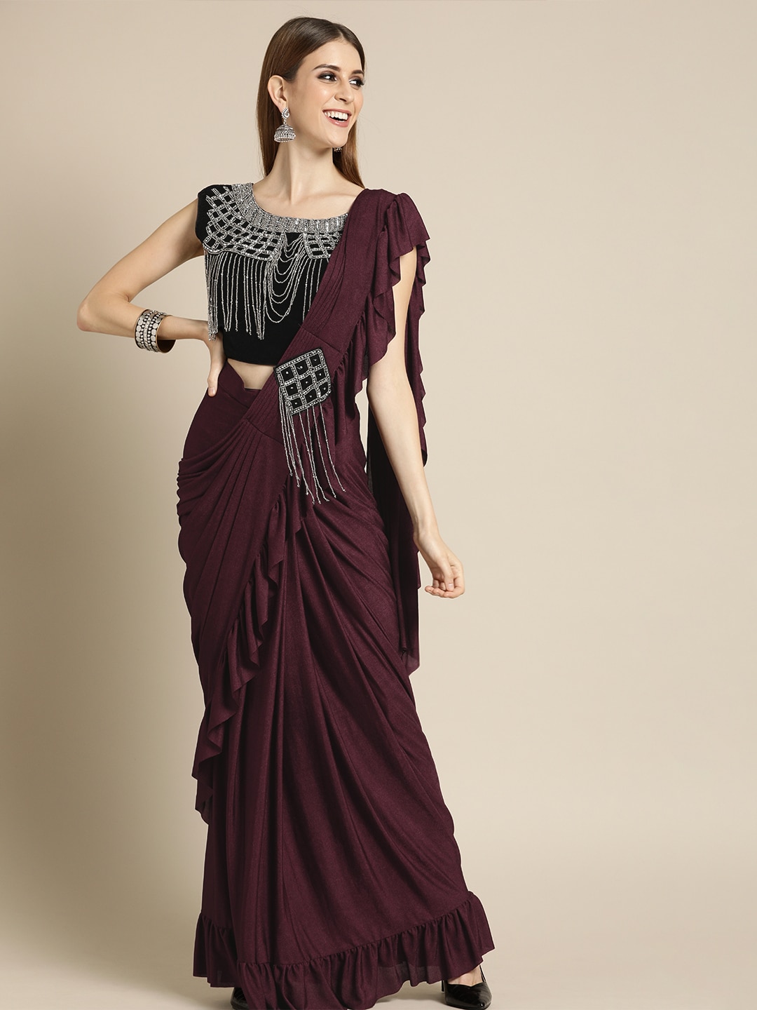 Chhabra 555 Burgundy Ready To Wear One Minute Poly Georgette Solid Saree