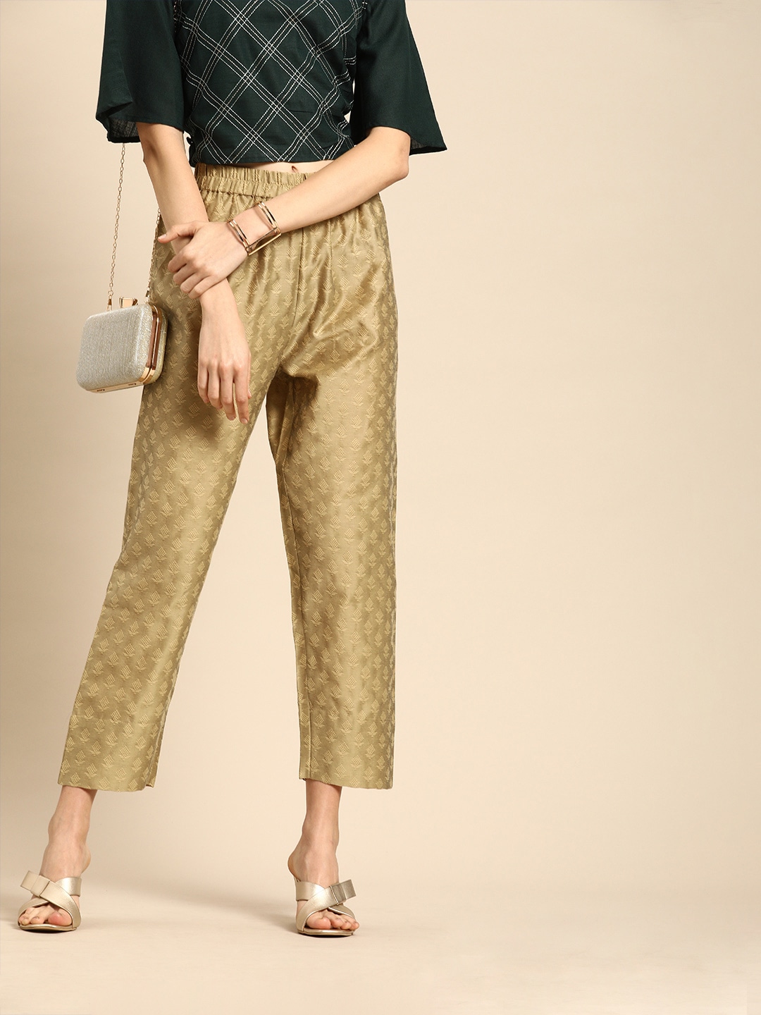 Varanga Women Golden & Beige Regular Fit Woven Design Cropped Regular Trousers
