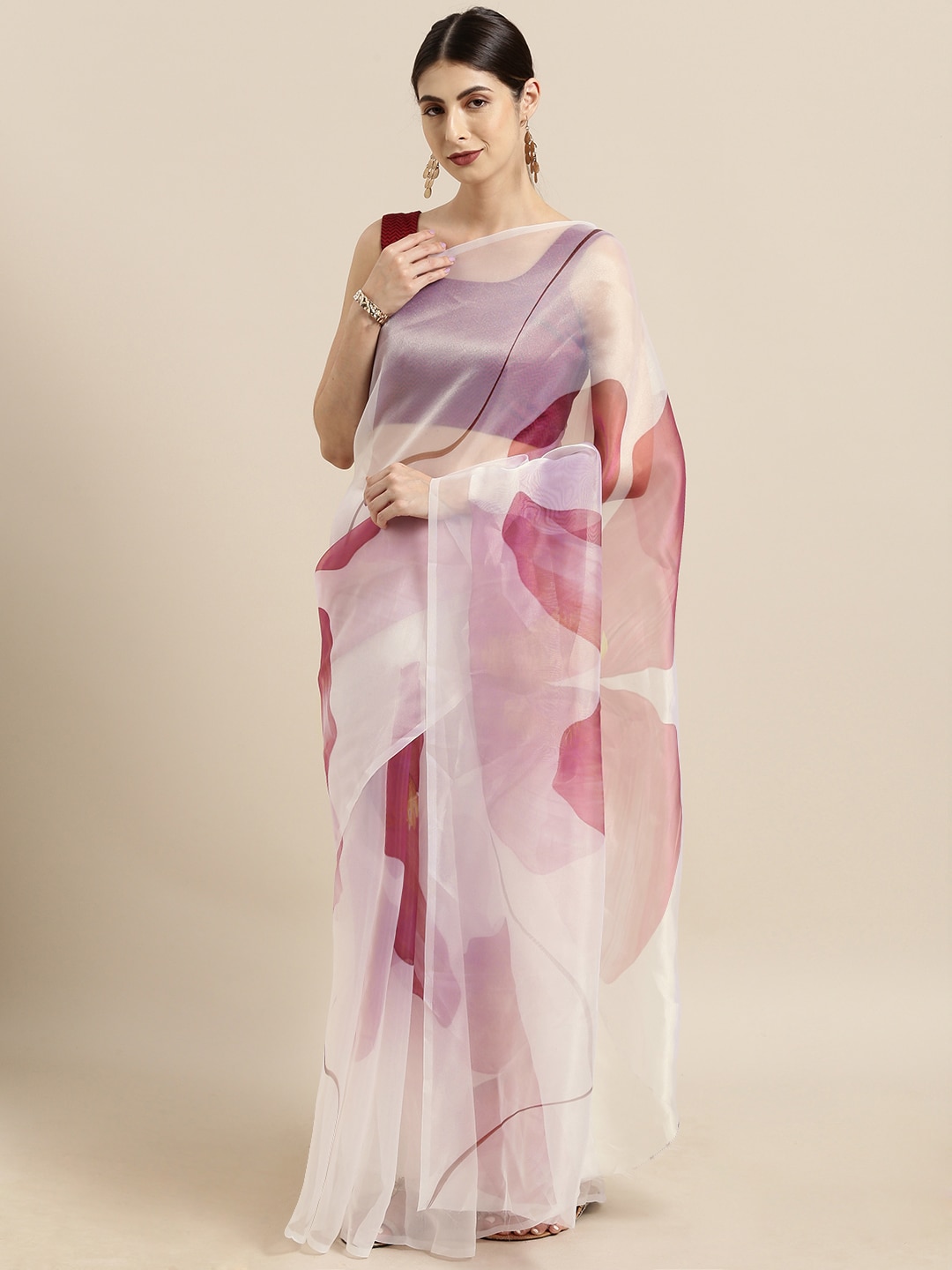 Tikhi Imli White & Pink Organza Printed Saree