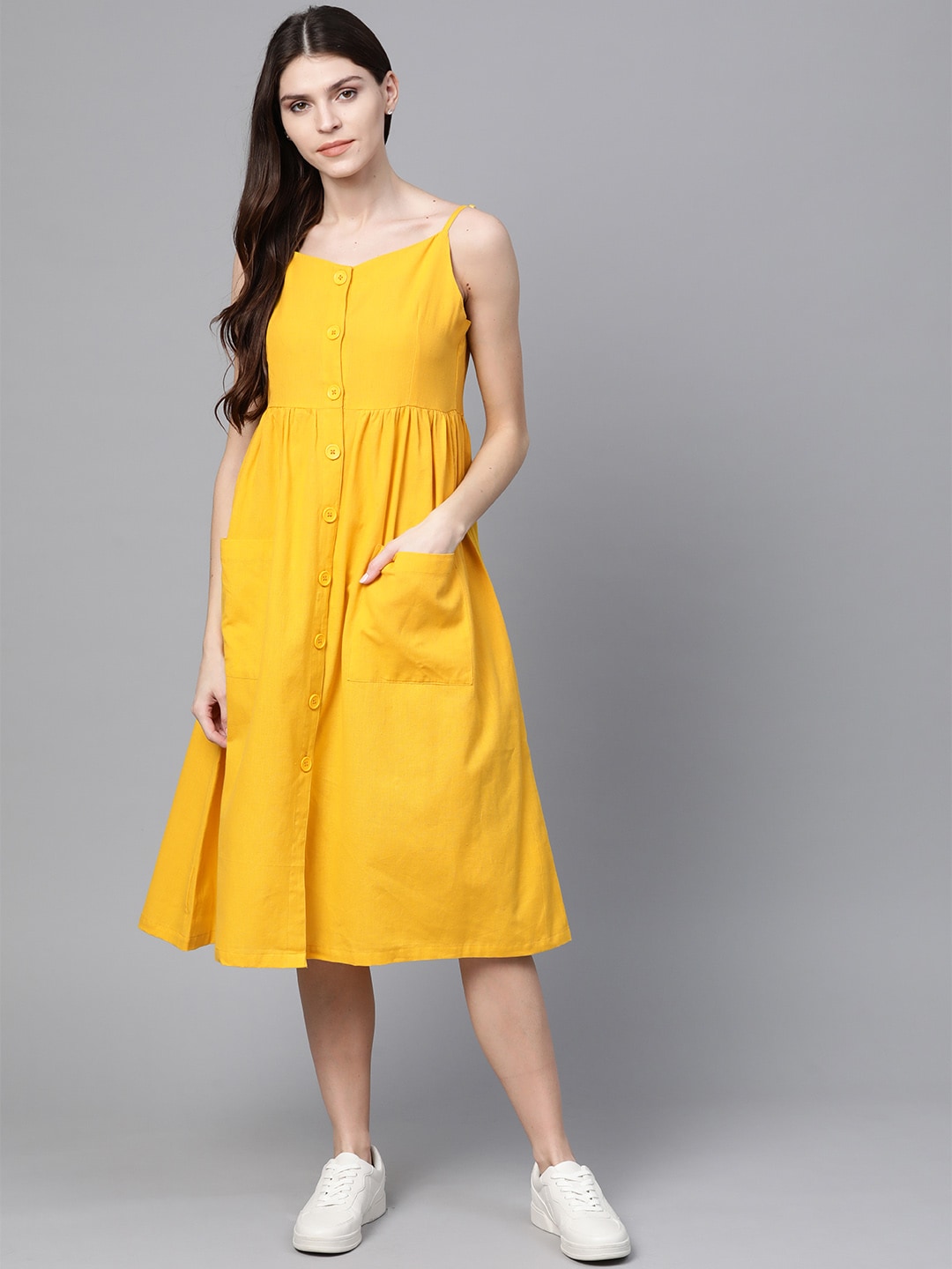 SASSAFRAS Women Mustard Yellow Solid A-Line Dress
