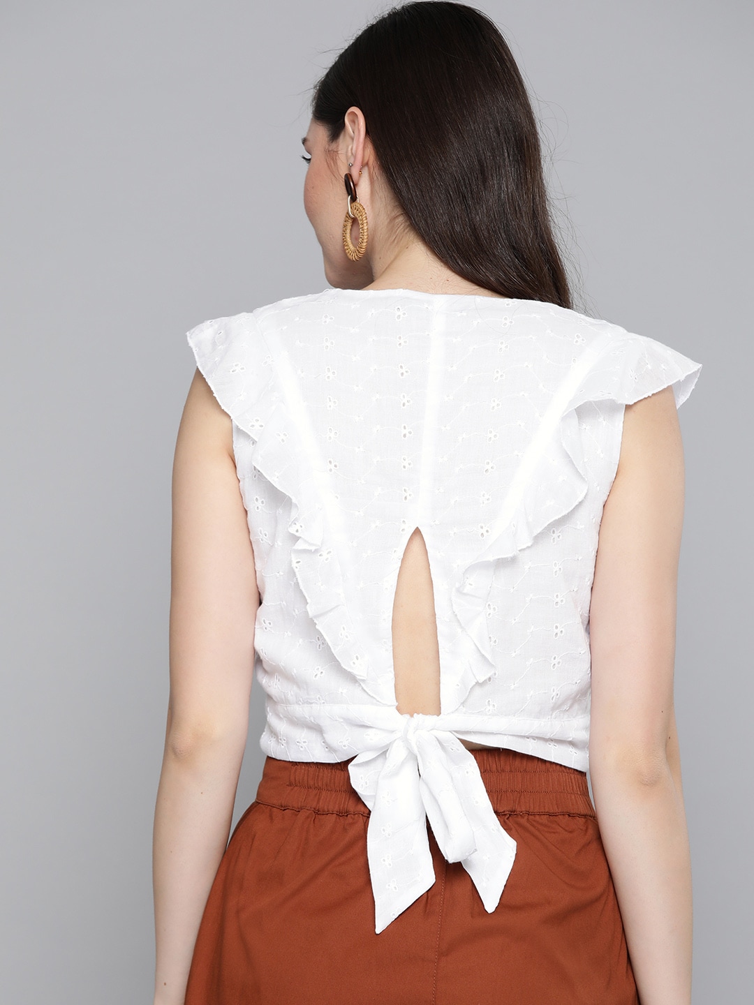 SASSAFRAS Women White Schiffli Embroidered Crop Styled Back Pure Cotton Top