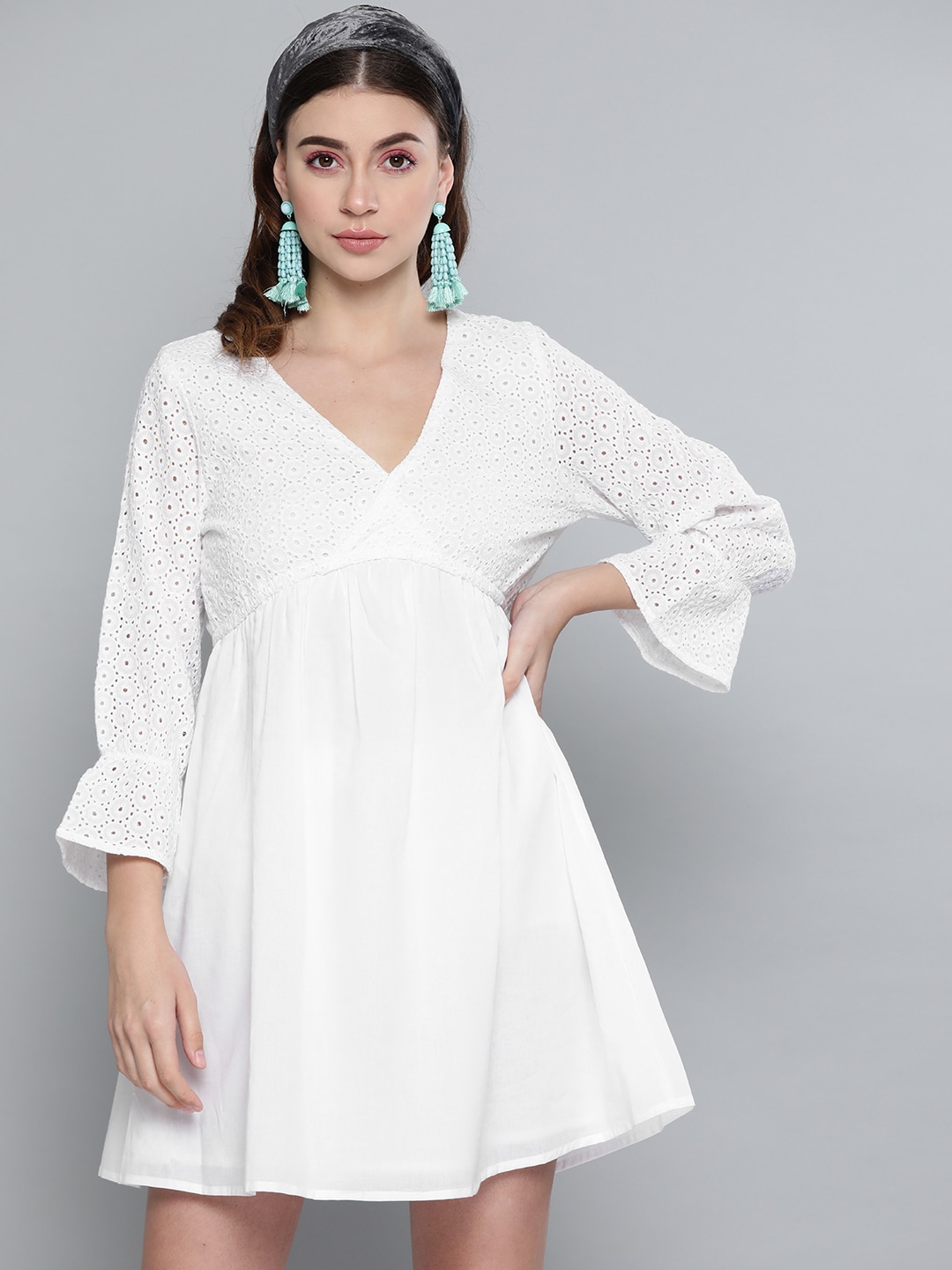 SASSAFRAS Women White Schiffli Embroidered A-Line Dress