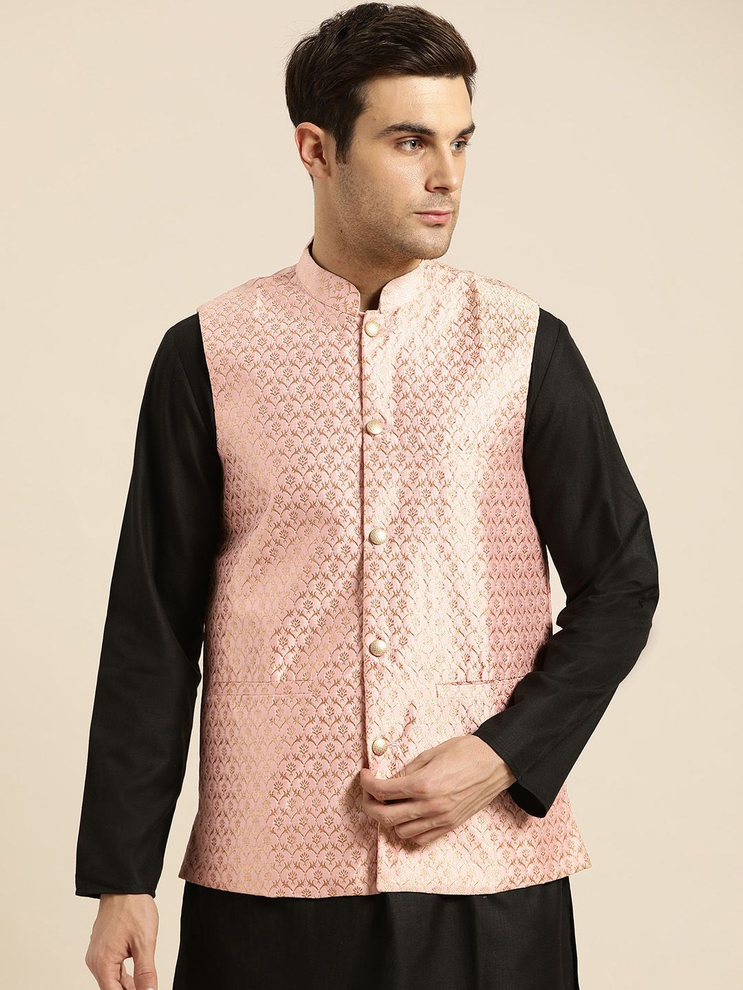 SOJANYA Men Pink & Golden Woven Design Nehru Jacket-picture-24