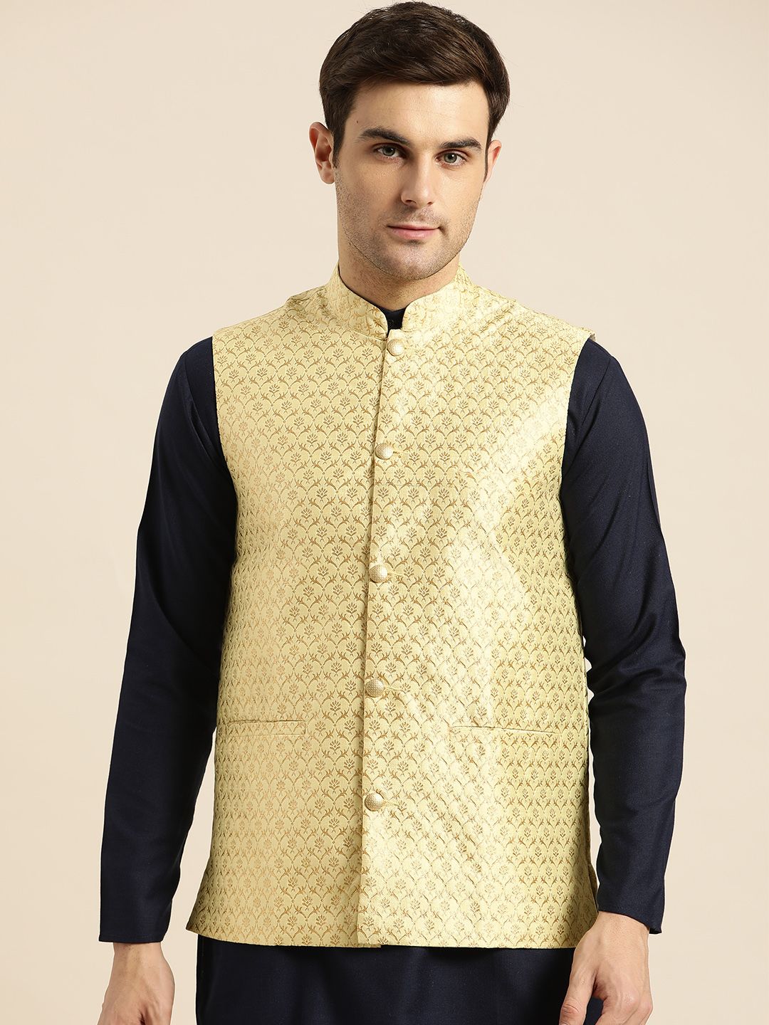 SOJANYA Men Yellow & Golden Woven Design Nehru Jacket-picture-23