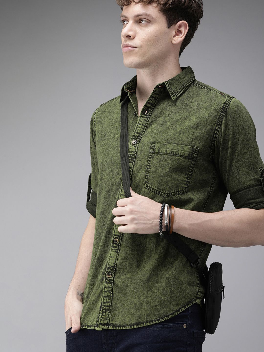 Roadster Men Green Pure Cotton Casual Shirt-image-5