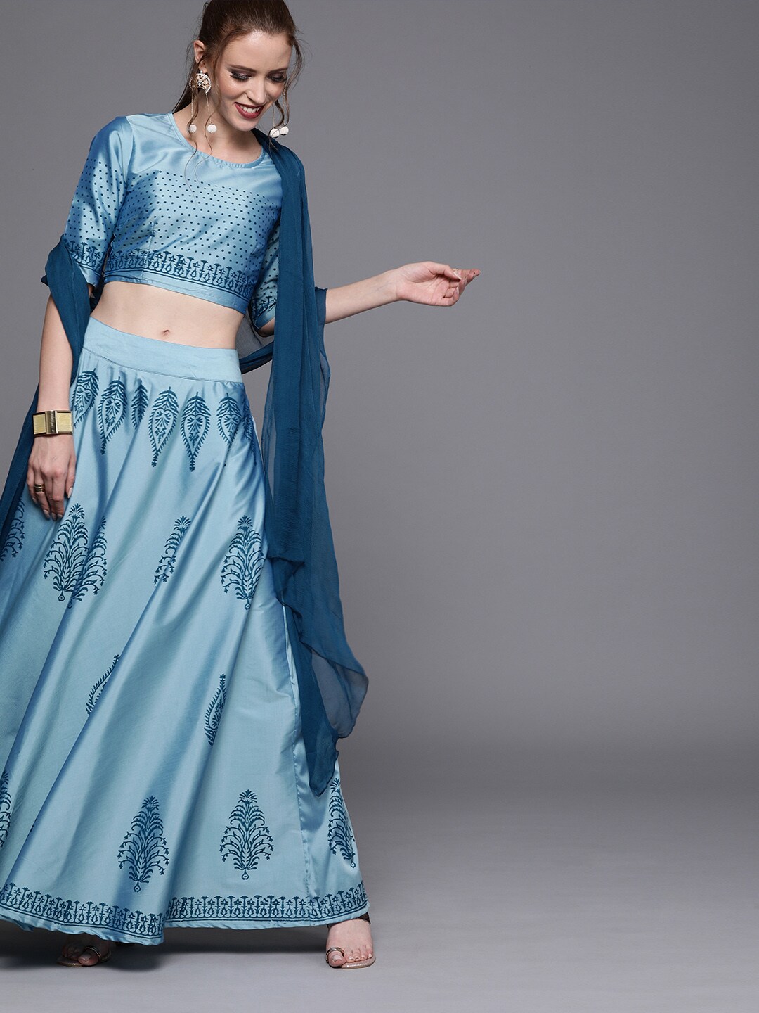 AKS Couture Blue & Black Printed Ready to Wear Lehenga & Blouse with Dupatta