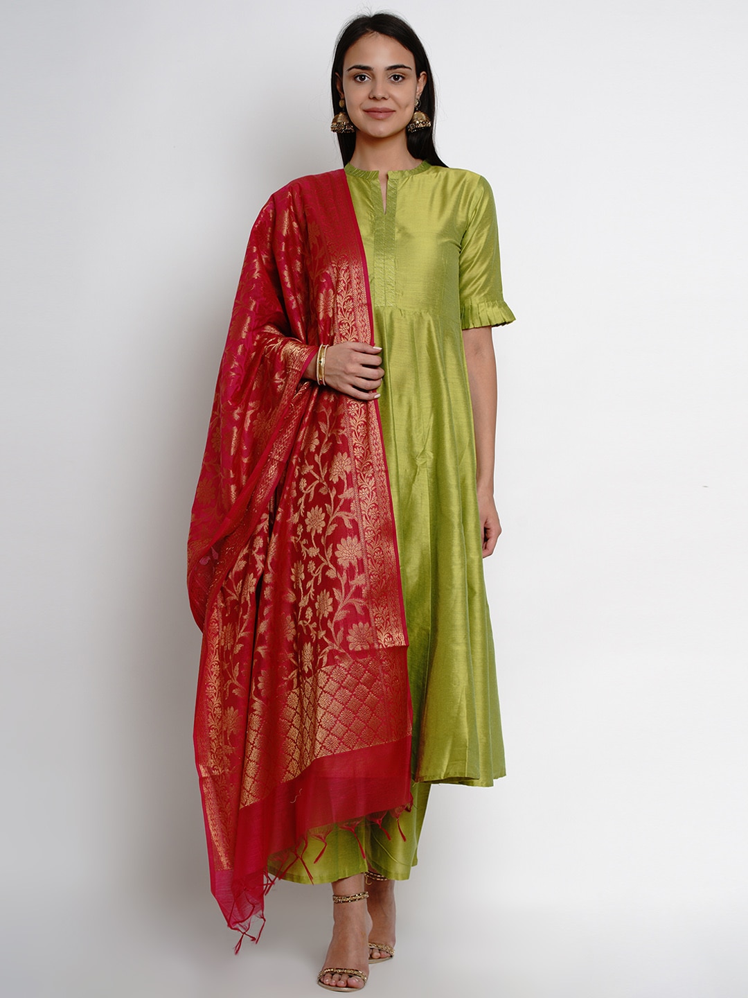 Bhama Couture Women Green & Red Solid Kurta with Palazzos & Dupatta