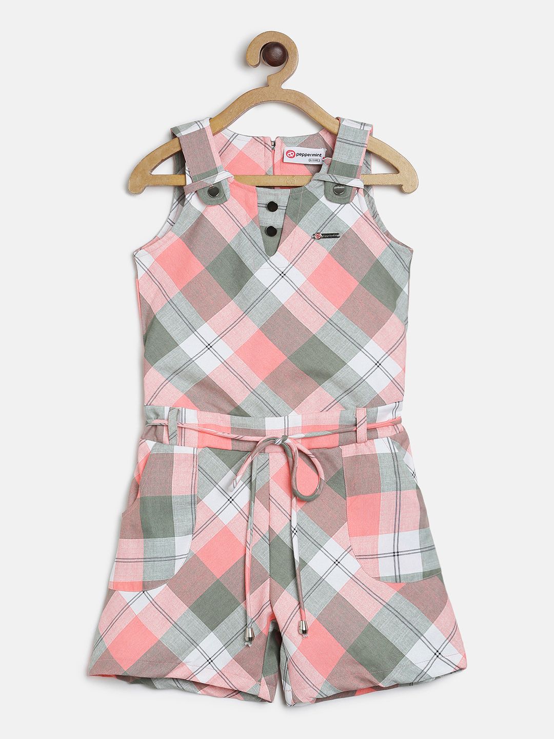 Peppermint Girls Peach-Coloured & Green Checked Playsuit-picture-46