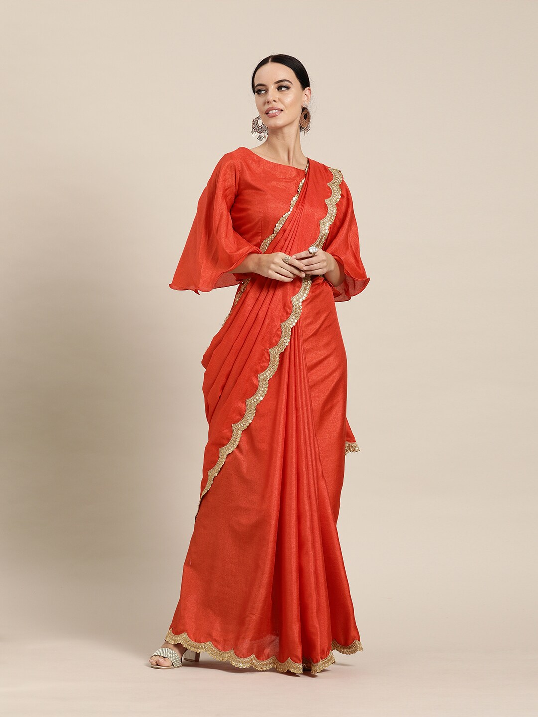 Inddus Rust Orange Solid Silk Blend Saree with Sequinned Detail