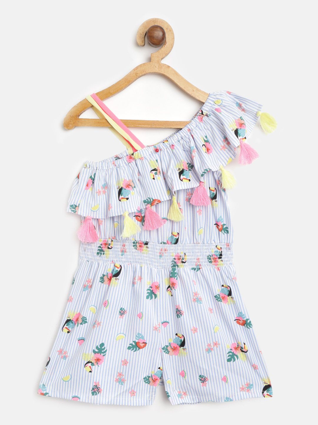 Nauti Nati Girls White & Blue Printed One Shouklder Playsuit-picture-37