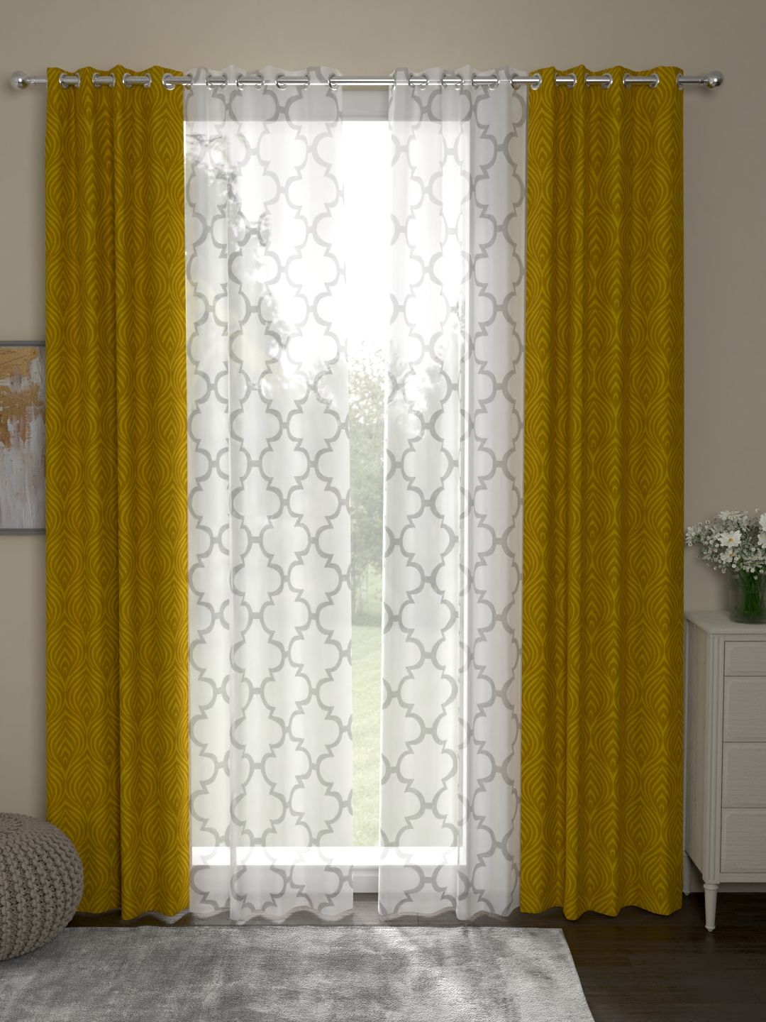 ROSARA HOME Mustard Yellow & White Set of 4 Door Curtains-image-20