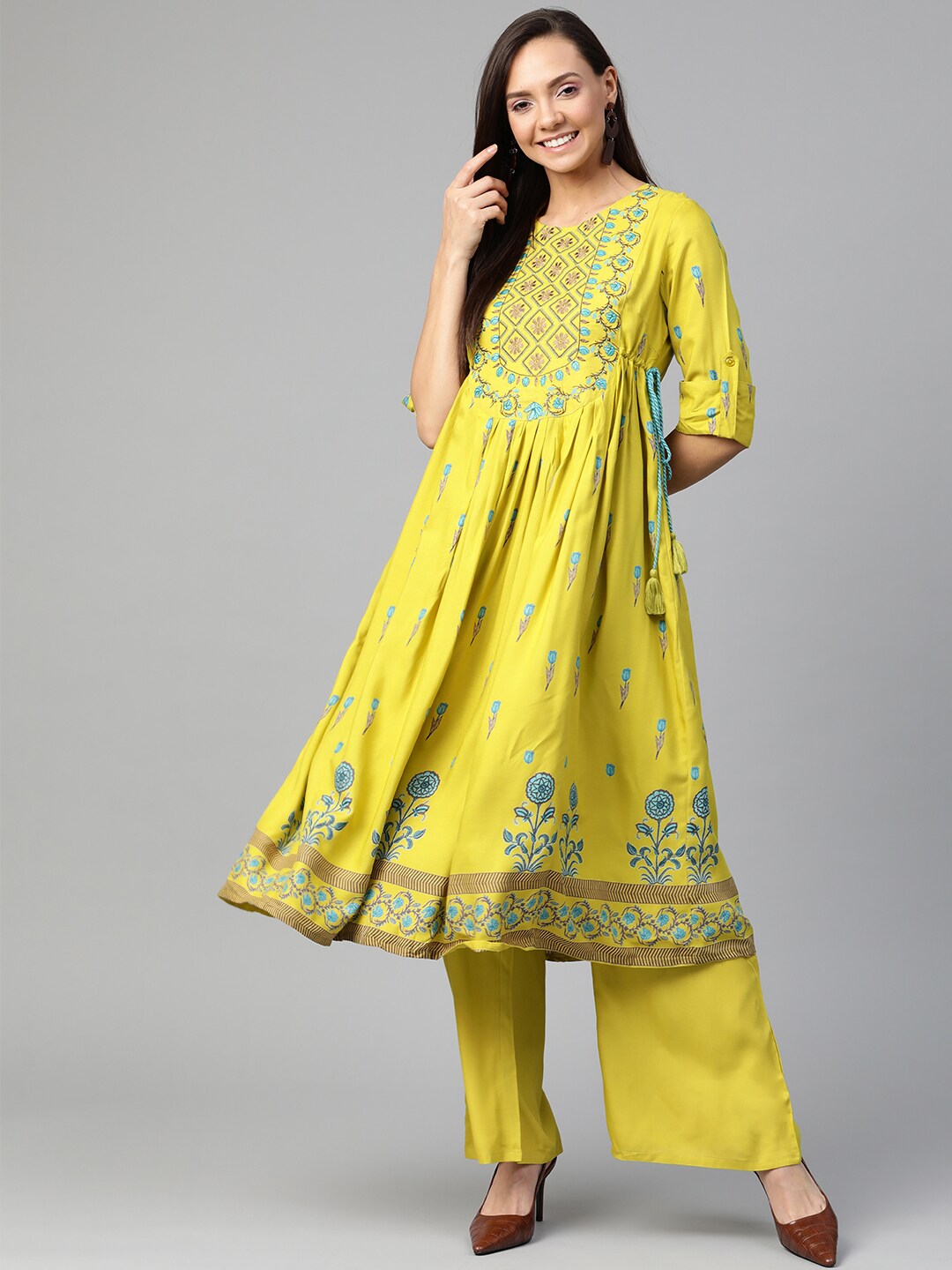HERE&NOW Women Green & Blue Floral Print Kurta with Palazzos
