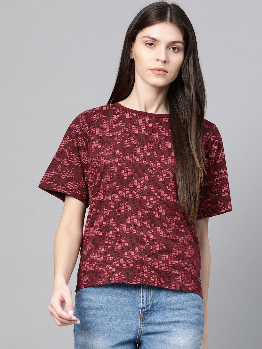 Roadster Women Burgundy & Black Printed Styled Back Pure Cotton Top