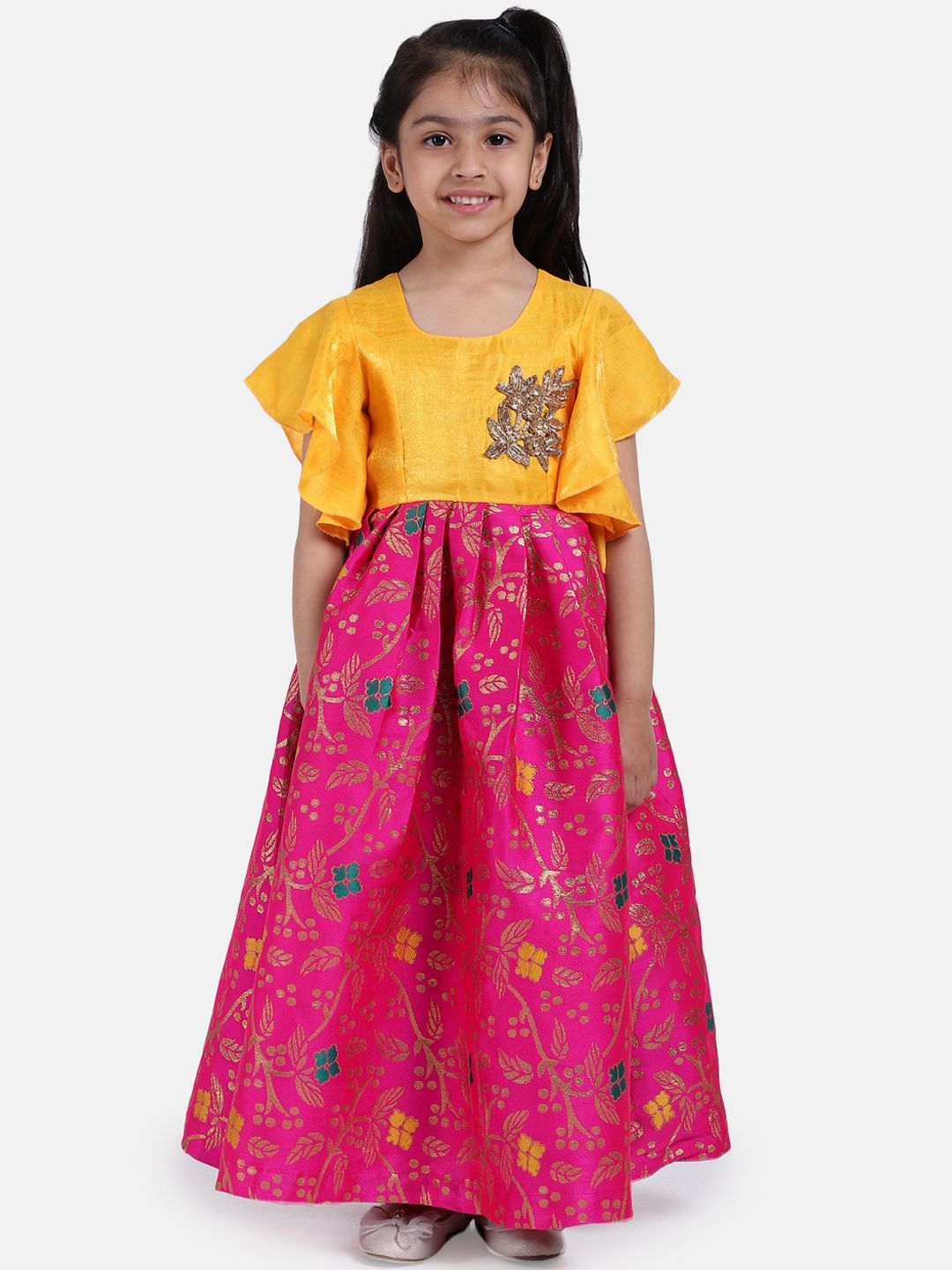 BownBee Girls Pink & Yellow Printed Maxi Dress-picture-12