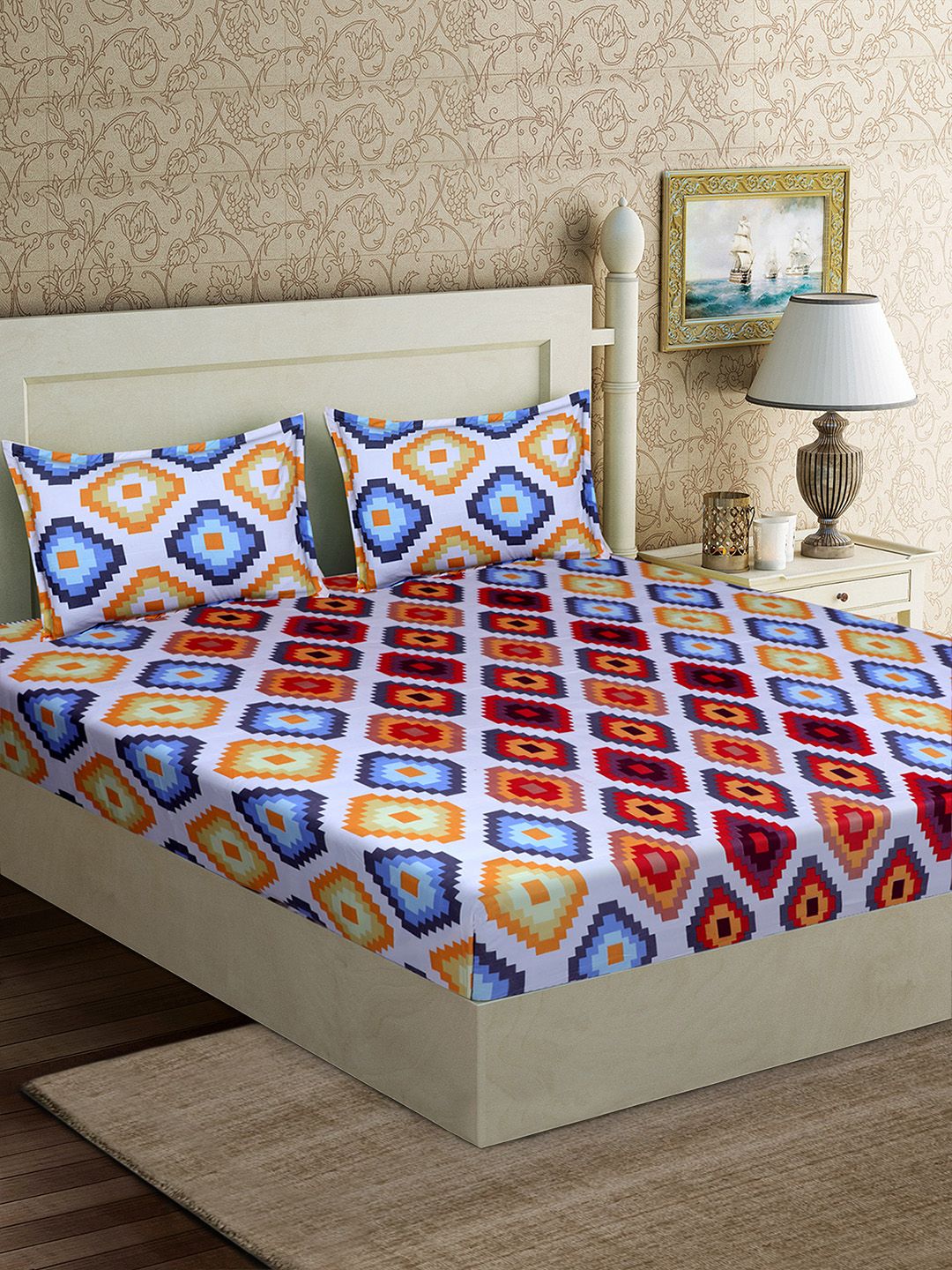Good Homes by Home Candy Blue & Orange Geometric 152 TC Polyester 1 Queen Bedsheet with 2 Pillow Covers-image-25