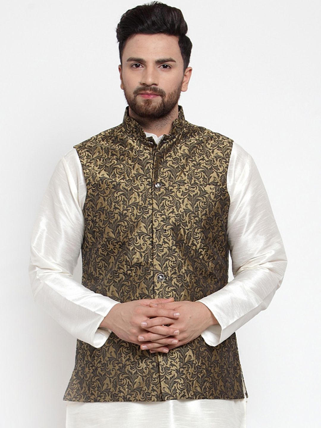 Jompers Men Gold-Coloured & Black Woven Design Nehru Jacket-picture-23