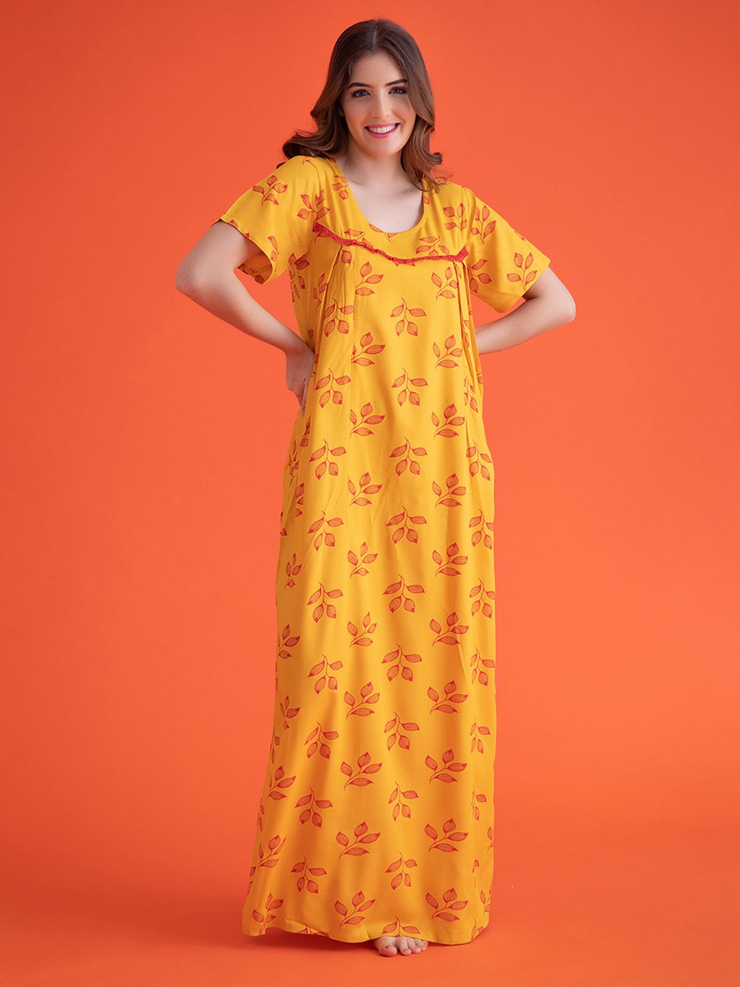 Clovia Women Yellow & Red Printed Nightdress NS1111P023-picture-35