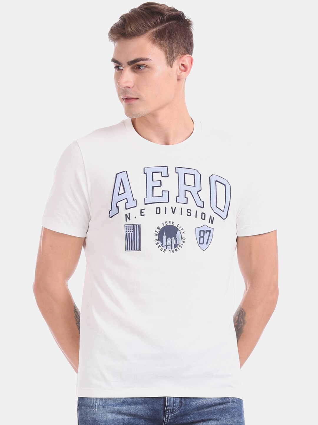 Aeropostale Men White  Blue Printed Round Neck Pure Cotton T-shirt