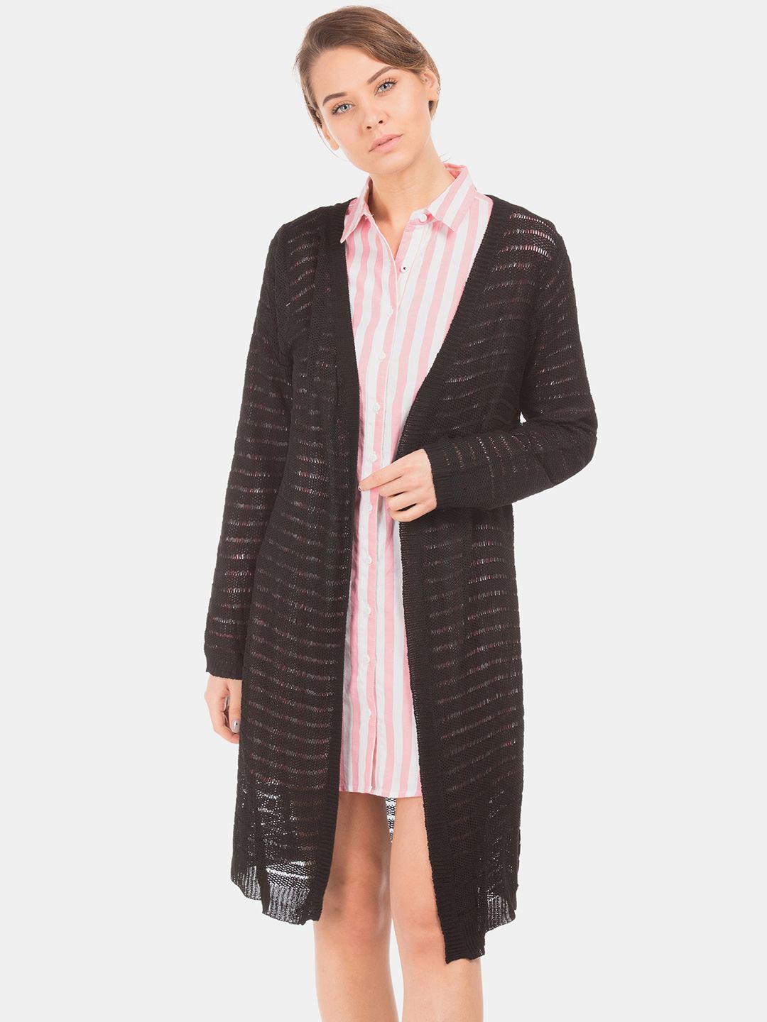 U.S. Polo Assn. Women Black Self Design Open Front Longline Shrug-image-35
