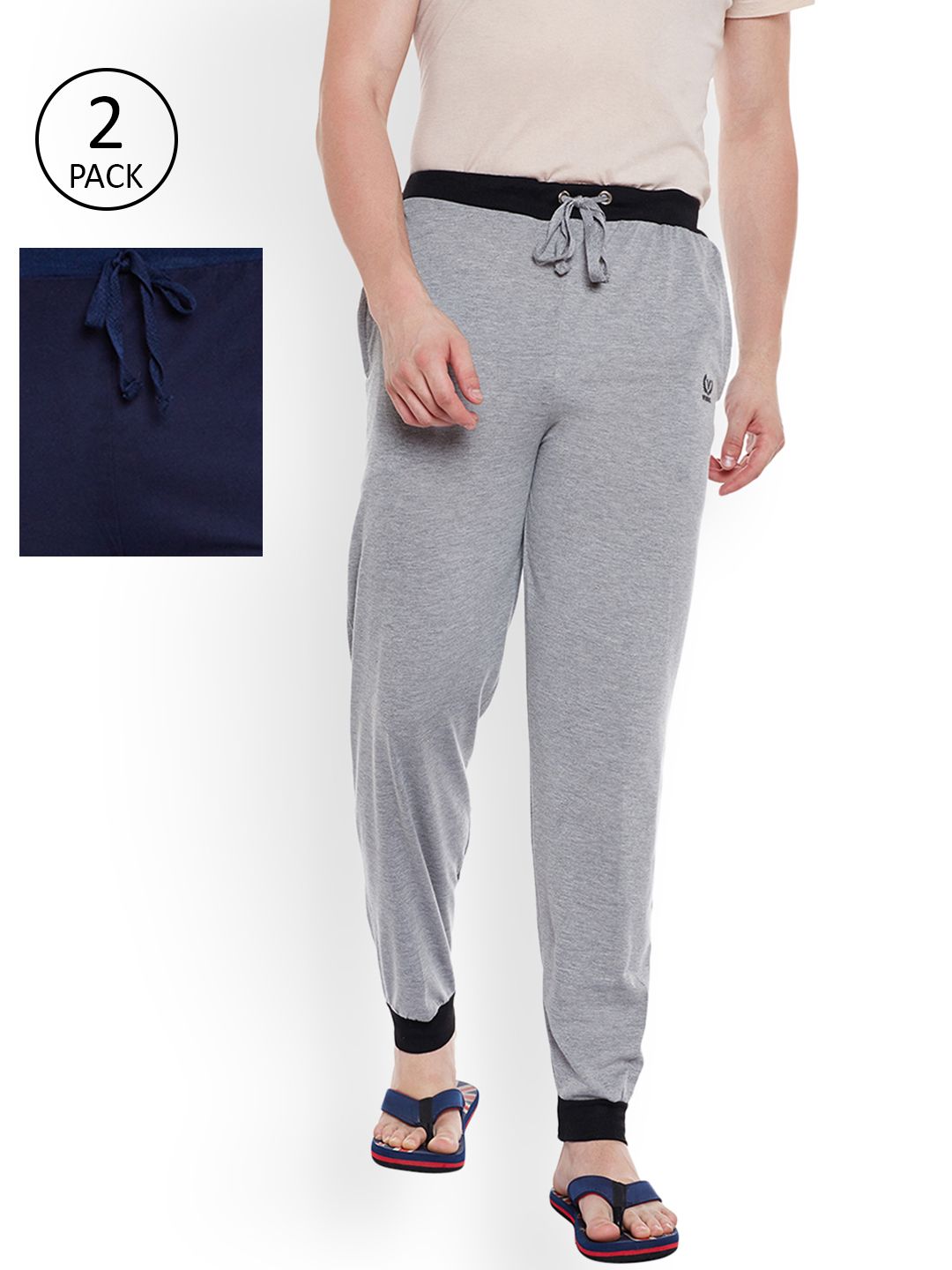 mack jonney VIMAL JONNEY Men Pack Of 2 Grey Melange & Navy Blue Solid Lounge Pants-picture-32