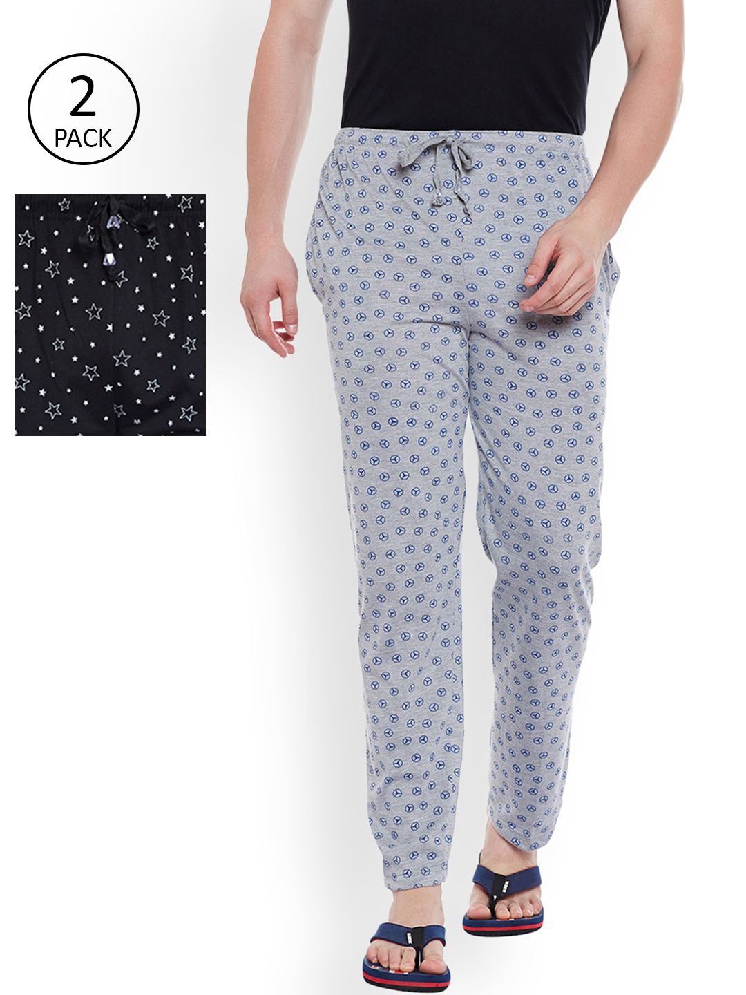 mack jonney VIMAL JONNEY Men Pack of 2 Grey Melange & Black Printed Lounge Pants-picture-20