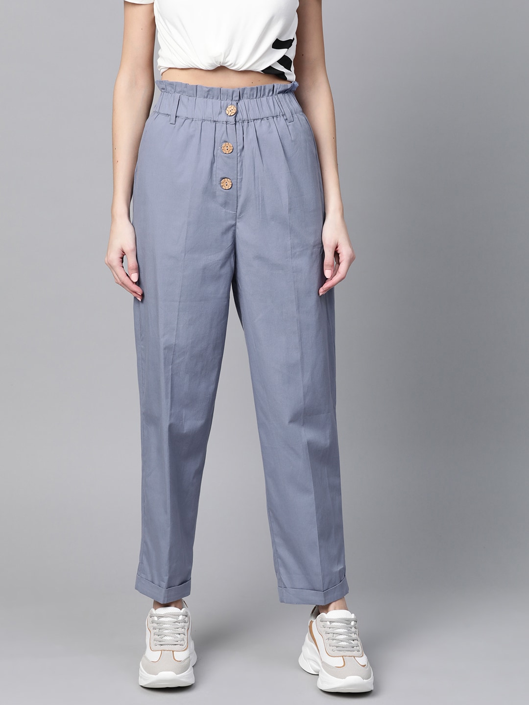SASSAFRAS Women Blue Tapered Fit Solid Cropped Regular Trousers