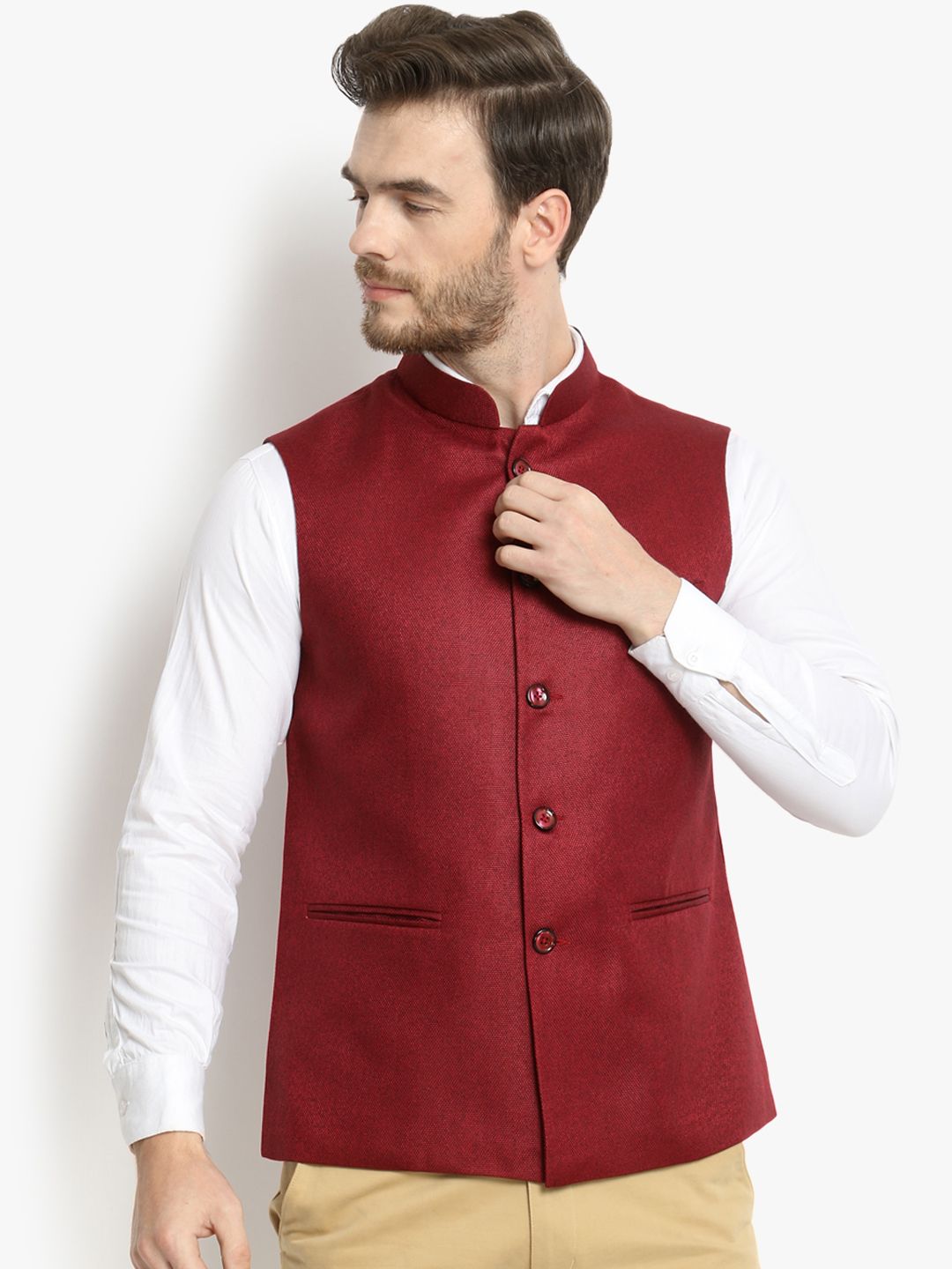 Vastraa Fusion Men Maroon Solid Woven Nehru Jacket-image-34
