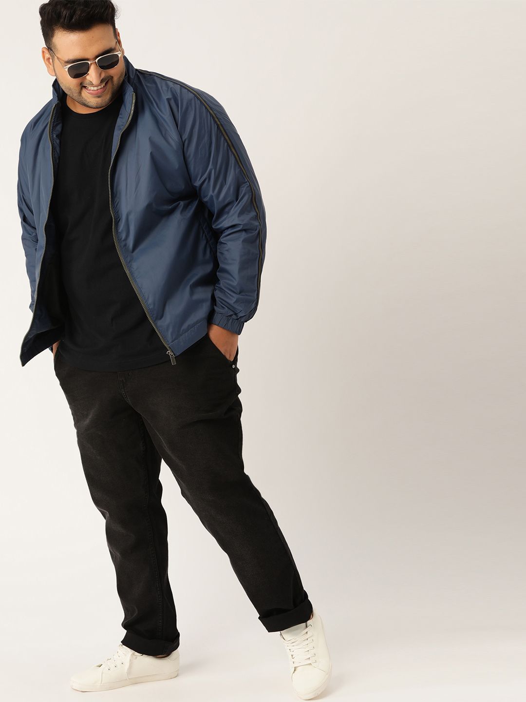 Sztori Plus Size Men Navy Blue Solid Windcheater Tailored Jacket-picture-30