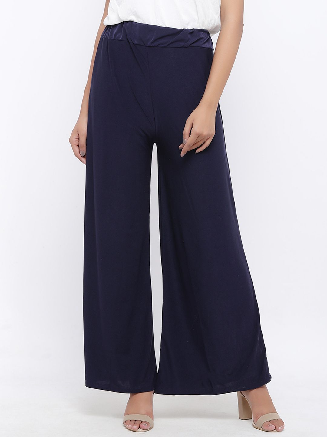 SOUNDARYA Women Navy Blue Solid Flared Palazzos-image-6