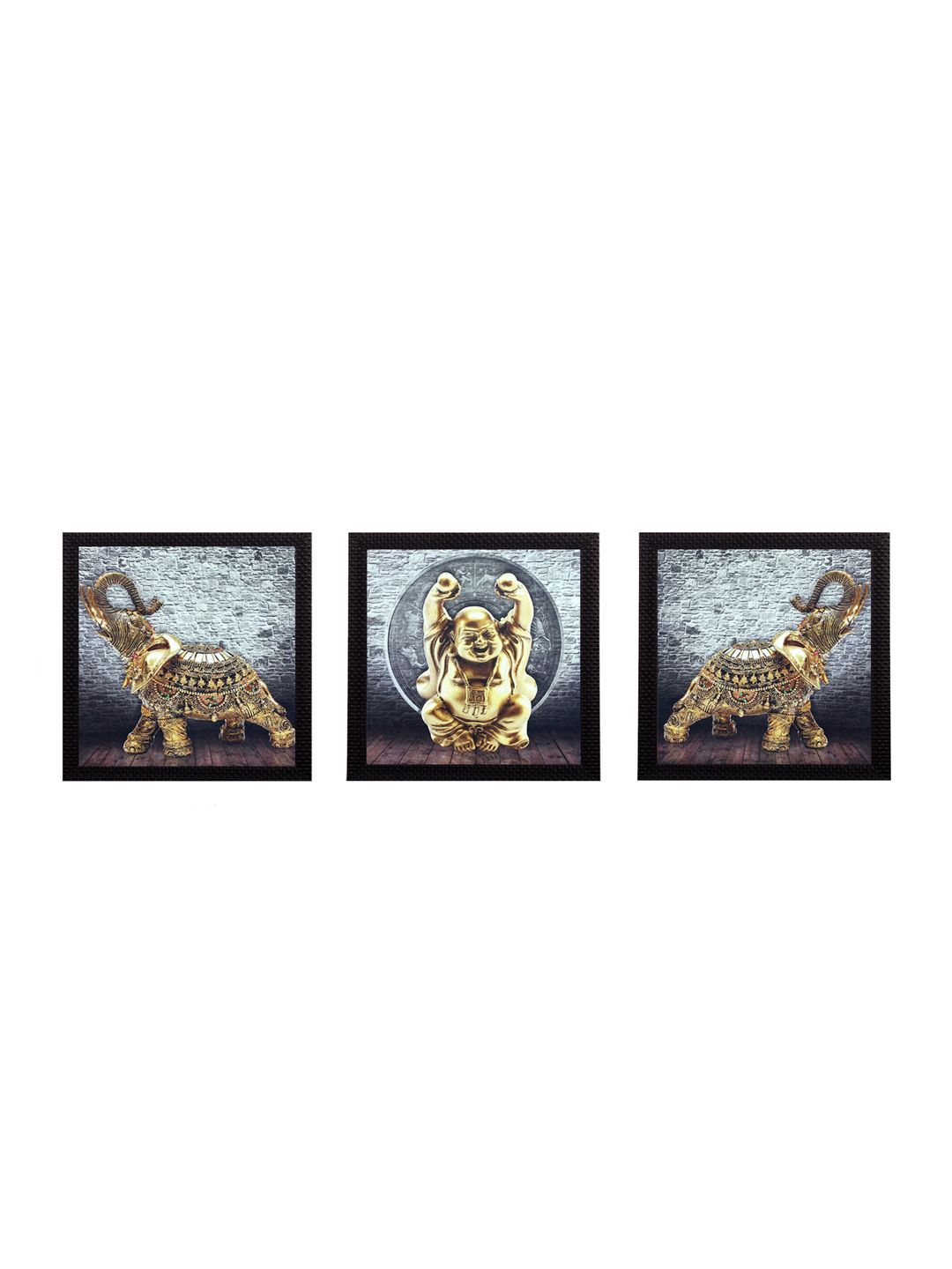 eCraftIndia Set Of 3 Gold-Coloured & Grey Buddha and Elephant Satin Matt Texture UV Wall Art-image-49