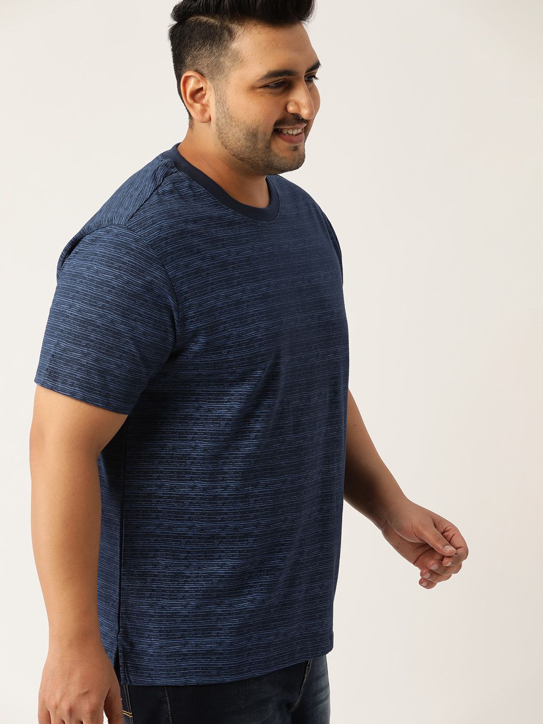 Sztori Plus Size Men Navy Blue Striped Round Neck Pure Cotton T-shirt-picture-27